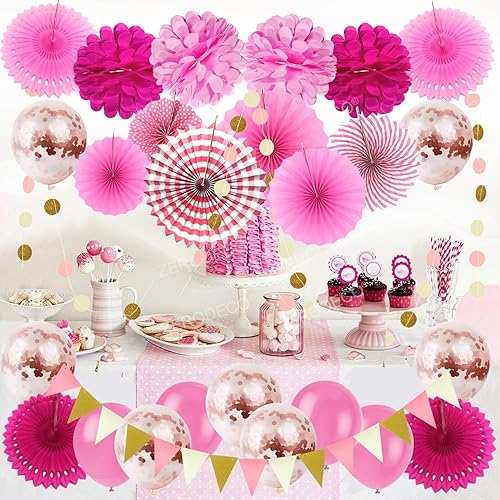 Miniatura 7 de ZERODECO Juego de abanicos de papel para colgar en fiestas, globos de confeti rosa, abanicos plegables decorativos, pompones de papel, banderas