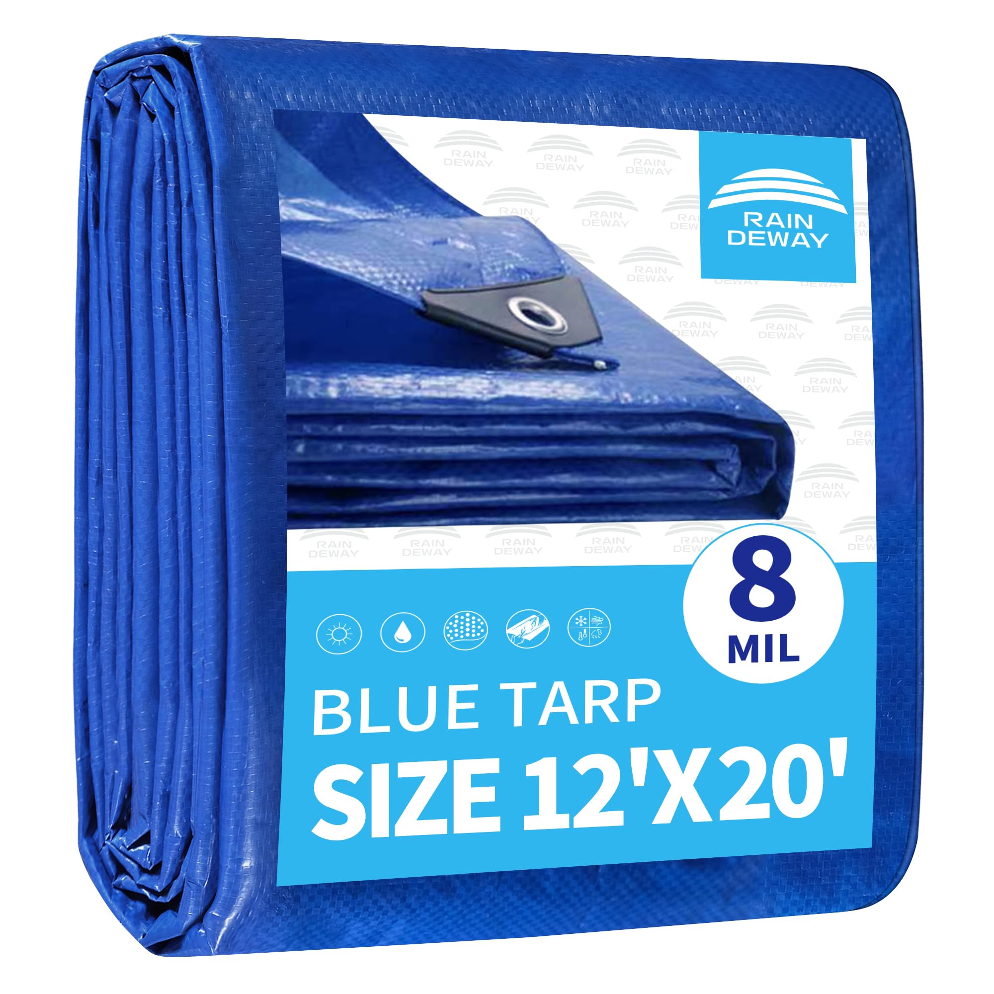 RAINDEWAY Large Tarp 12x20 Feet, 8 Mil Thick, UV Resistant, Multipurpose Waterproof Poly Tarps Cover with Metal Grommets and Reinforced Edges, Durable Blue Tarp — image 1