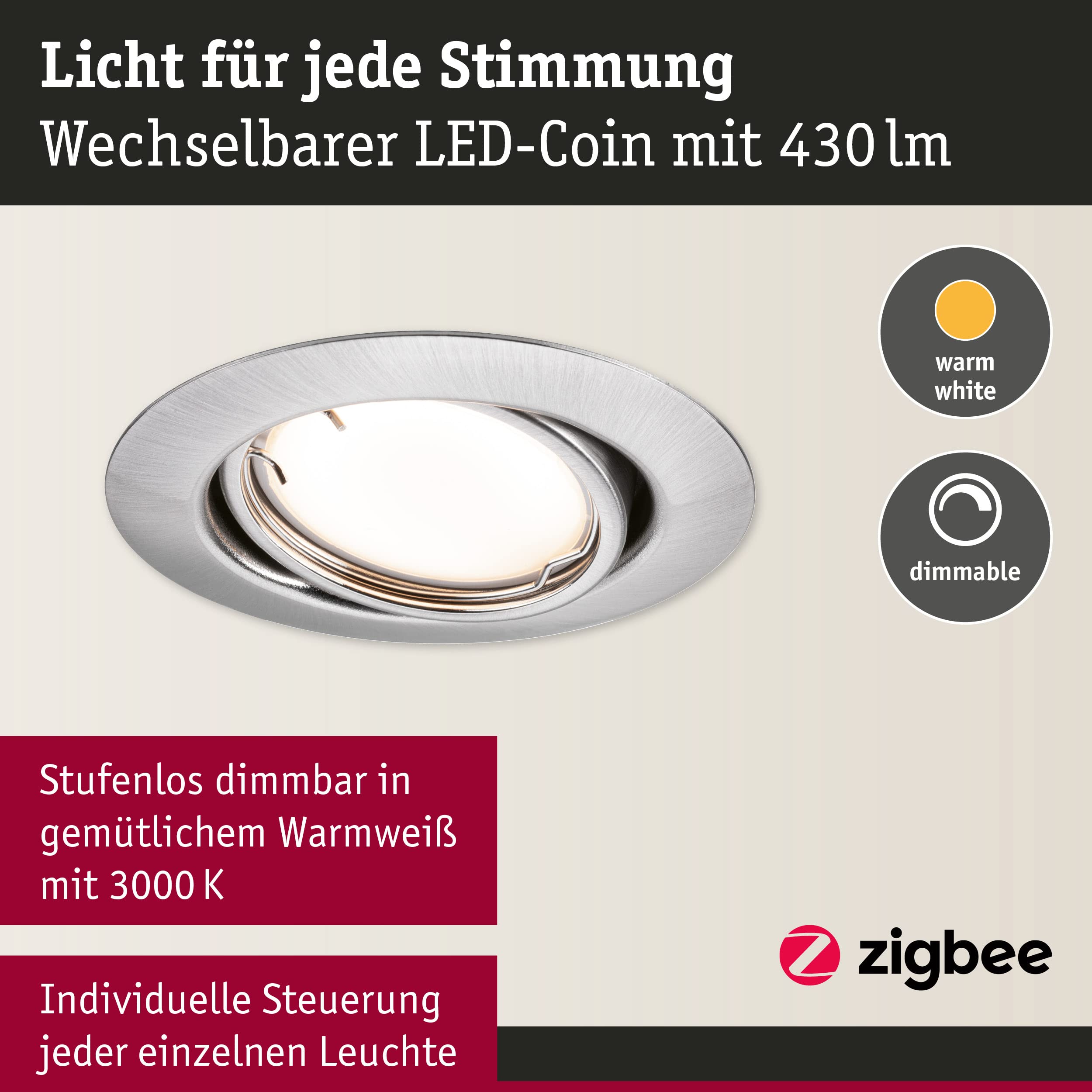 Paulmann 92464 LED Einbauleuchte Base Smart Home Zigbee Basisset schwenkbar rund 230V 3x4,9W 3x430lm dimmbar 90mm Eisen gebürstet Metall 3000K