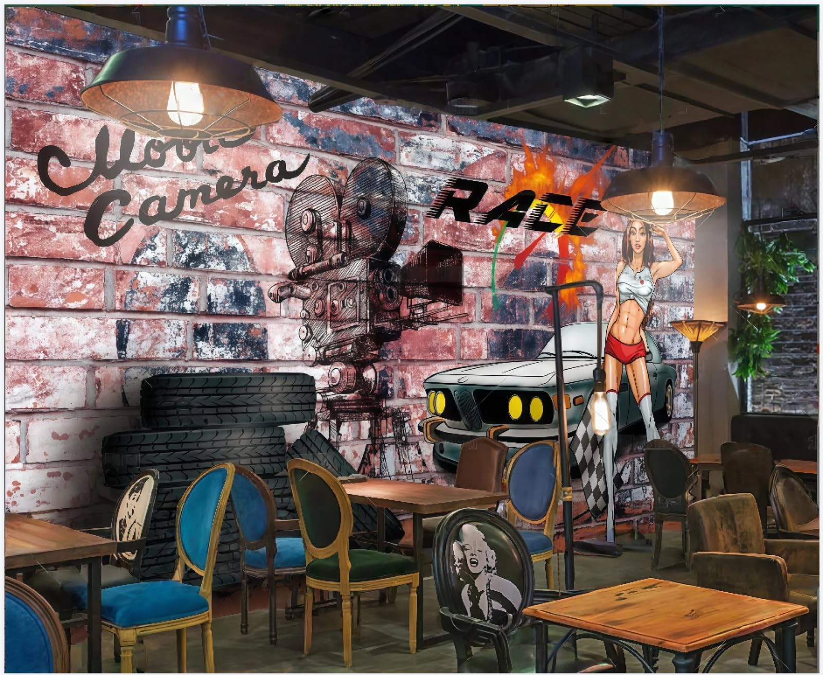 Tapeta ręcznie malowana ściana z cegły Graffiti motyw samochodowy malarstwo dekoracyjne sklep z napojami muzyka bar tło ściana zachodnia restauracja fototapeta kawiarnia, 3D, 300 x 210 cm
