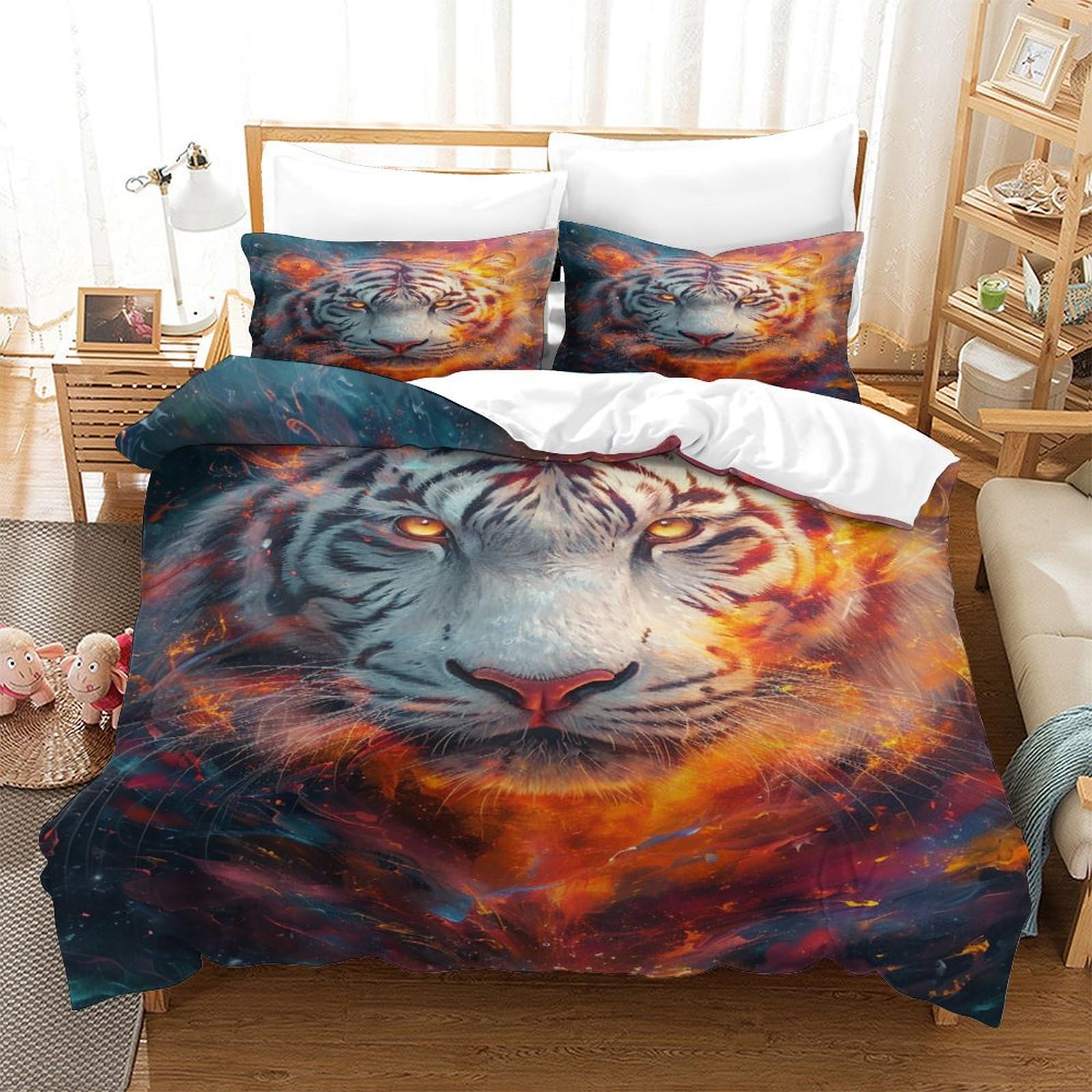 Parure de lit 260x220 tigre avec housse de couette super king size microfibre et taie d'oreiller