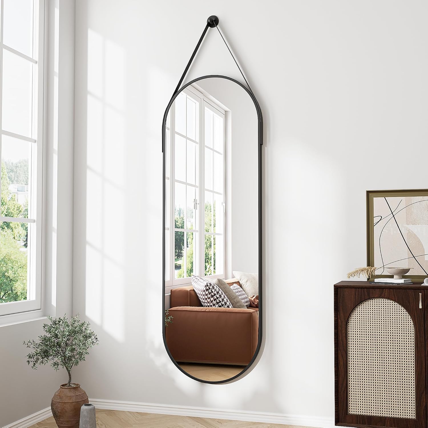 Full Length Mirror, Oval Wall Mounted Mirror, 48"x16" Door Mirrors Full Length with Hanging Leather Strap with Aluminum Frame for Bathroom Living Room Entryway (Black) Oval-black 48"L x 16"W