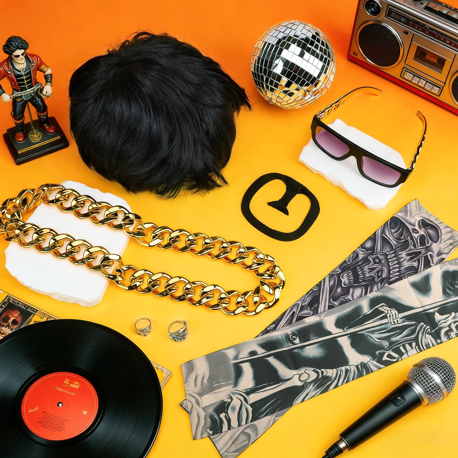 Athora 7Pcs Final Boss Costume Set for Adults, Bowl Cut Wig, Sunglasses, Fake Mustache, Necklace, Tattoo Sleeve,90s Meme Cosplay Ibiza Outfit, for Music Festivals Halloween Rave Party - Image 4