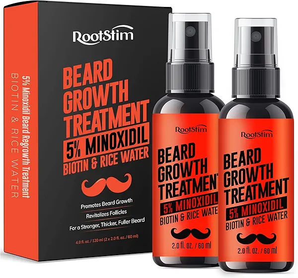5% Minoxidil Beard Growth Serum for Men: 2-Pack Hair Regrowth Spray with Biotin & Rice Water - Extra Strength Beard Oil for Faster Thicker and Fuller Beard Growth - 4.06 Fl Oz