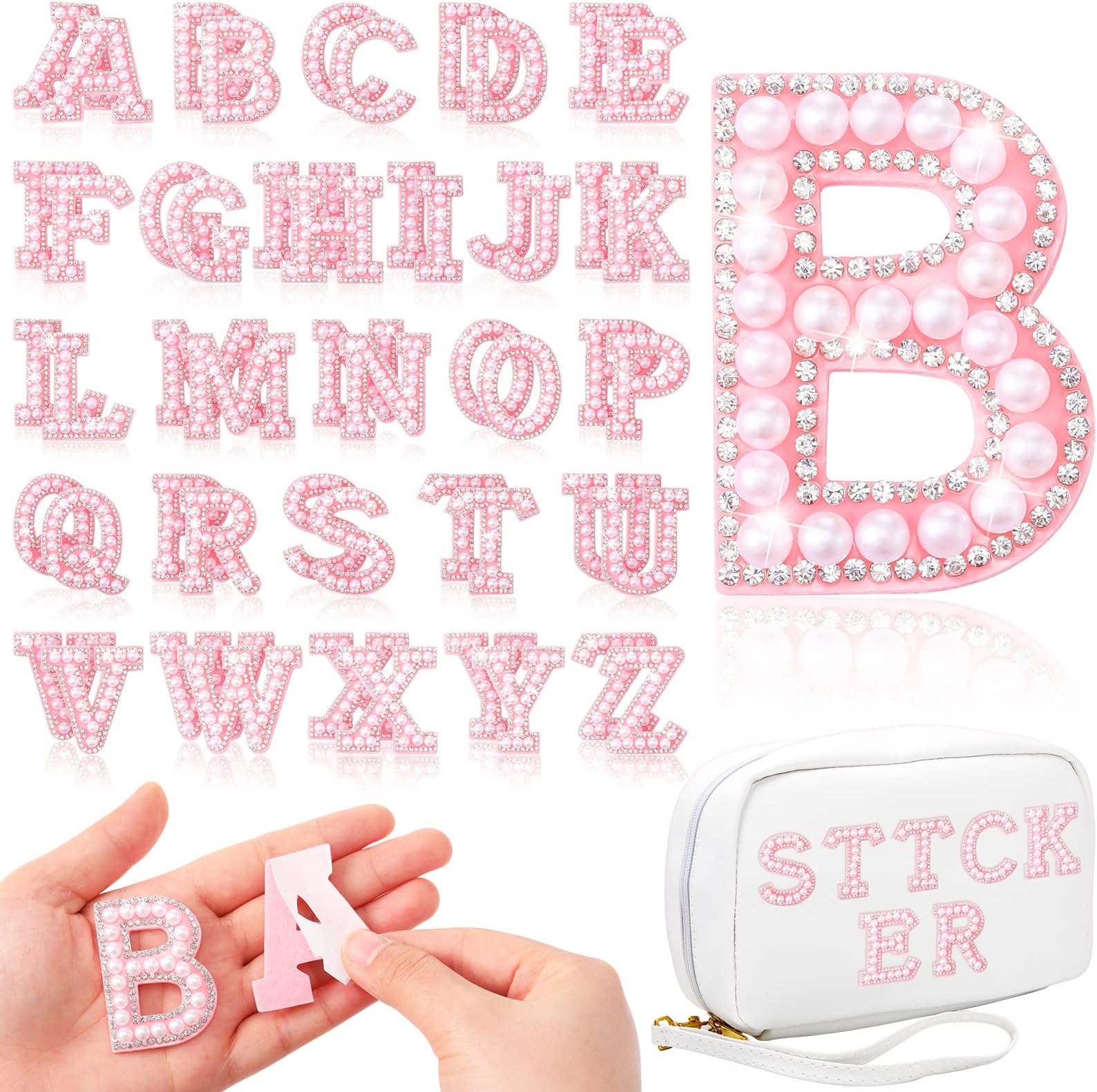 WILLBOND 52 Pieces Self Adhesive Pearl Rhinestone Letter Patches A-Z Glitter Letter Stickers Pearl Alphabet Appliques for Clothes Hat Backpack, Wedding Graduation Mother's Day DIY Crafts(Pink)