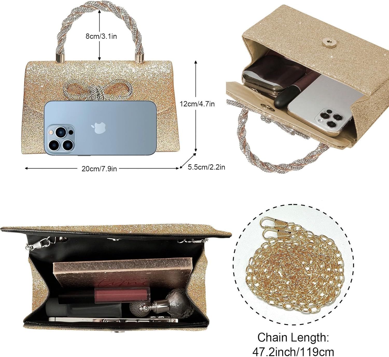 LJMBOEN Women Evening Bag Sparkly Bow Clutch Purses Wedding Glitter Rhinestone Clutch Bags Dressy Handbags for Party, Prom