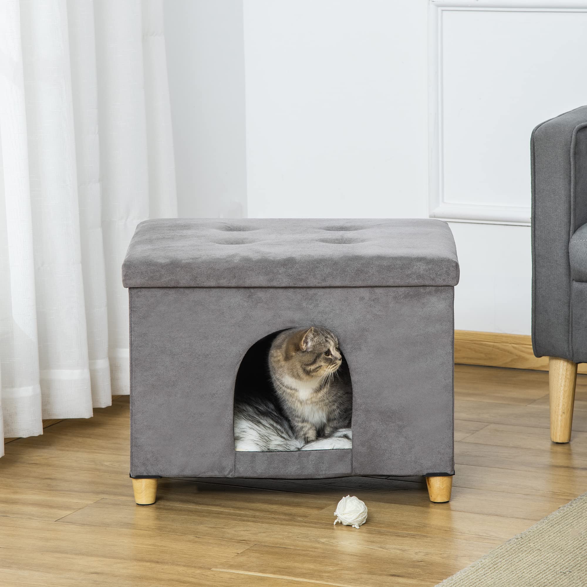 PawHut Casetta per Gatti Pouf Poggiapiedi con Cuscino Rimovibile e Lavabile, Sgabello Poggiapiedi con Cuccia e Piedini, Grigio