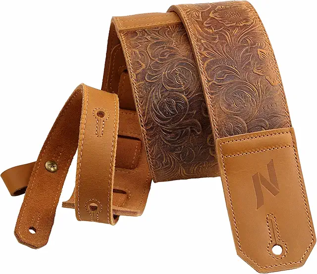 Nefelibata Leather Guitar Strap - 2.3" Wide Padded Sahara Yellow Embossed