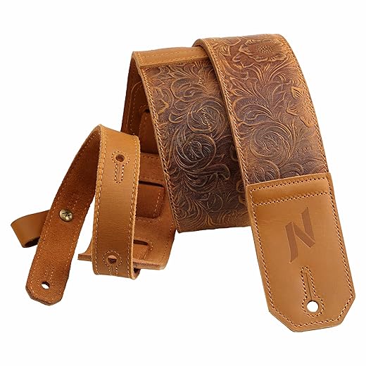 Nefelibata Guitar Strap,3" Wide Full-Grain Sculpted Leather Guitar Straps with Soft Padding for Bass, Electric & Acoustic Guitar (Sahara Yellow Embossed)