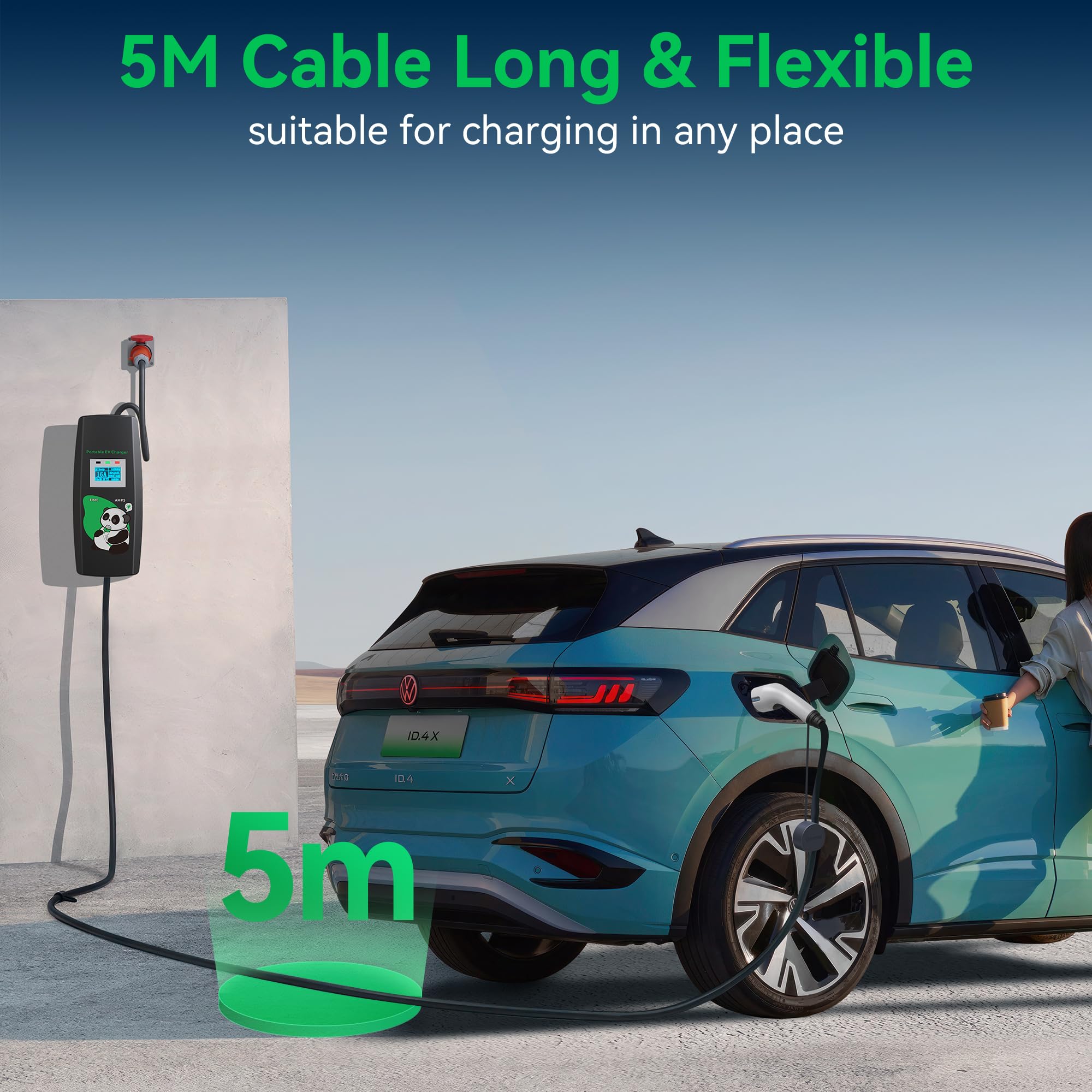 Przenośna skrzynka ścienna 11 kW z Plug & Play, 5 m, 16 A, 3-fazowy, regulowany prąd i timer, kabel do ładowania typu 2 z wtyczką CEE, przenośna ładowarka samochodowa do IEC 62196-2