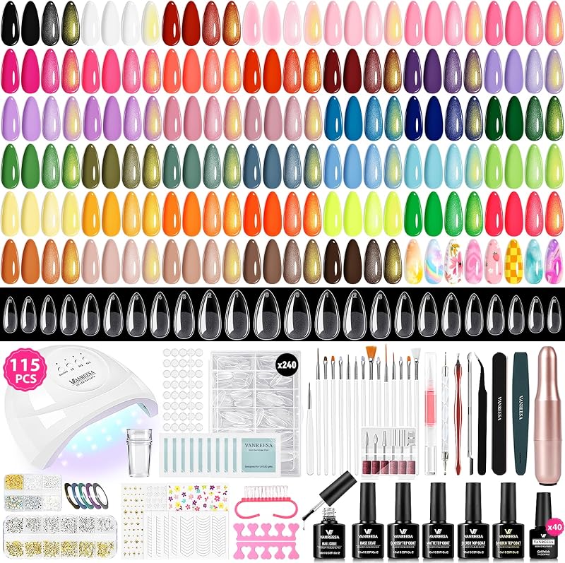 VANREESA Kit de esmalte de uñas de gel de 115 piezas con taladro de uñas con luz U V, puntas de uñas de almendra, 40 colores para todas las estaciones, juego de esmalte de gel con 5 piezas de base superior, kit de uñas de gel para principiantes con todo regalo para mujeres