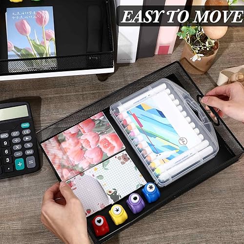 Miniatura 5 de Bandeja organizadora de cajones de escritorio de 3 piezas, de malla metálica, caja de almacenamiento de archivos con asa, cesta de almacenamiento