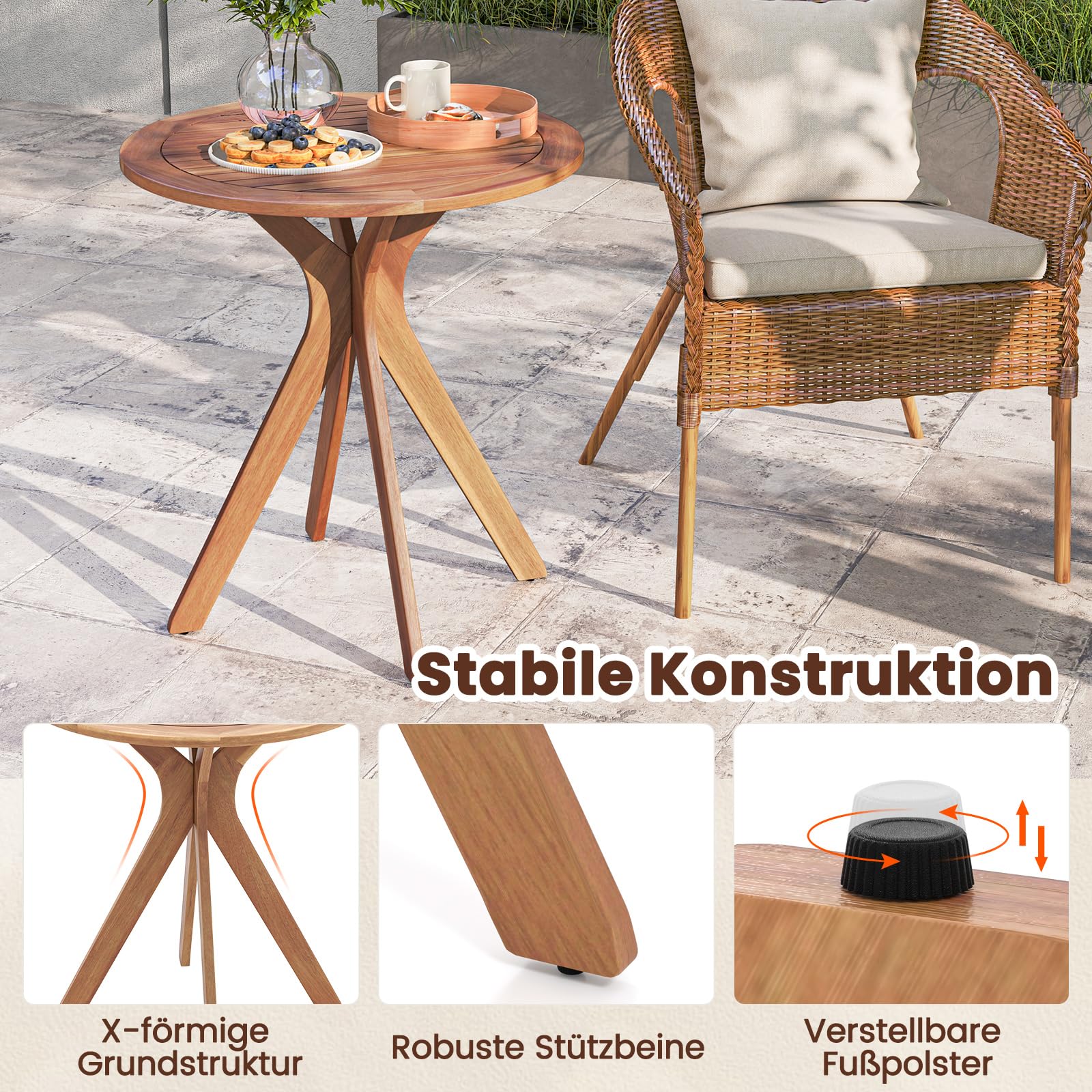 COSTWAY Gartentisch Holz wetterfest, Ø70 cm runder Holztisch
