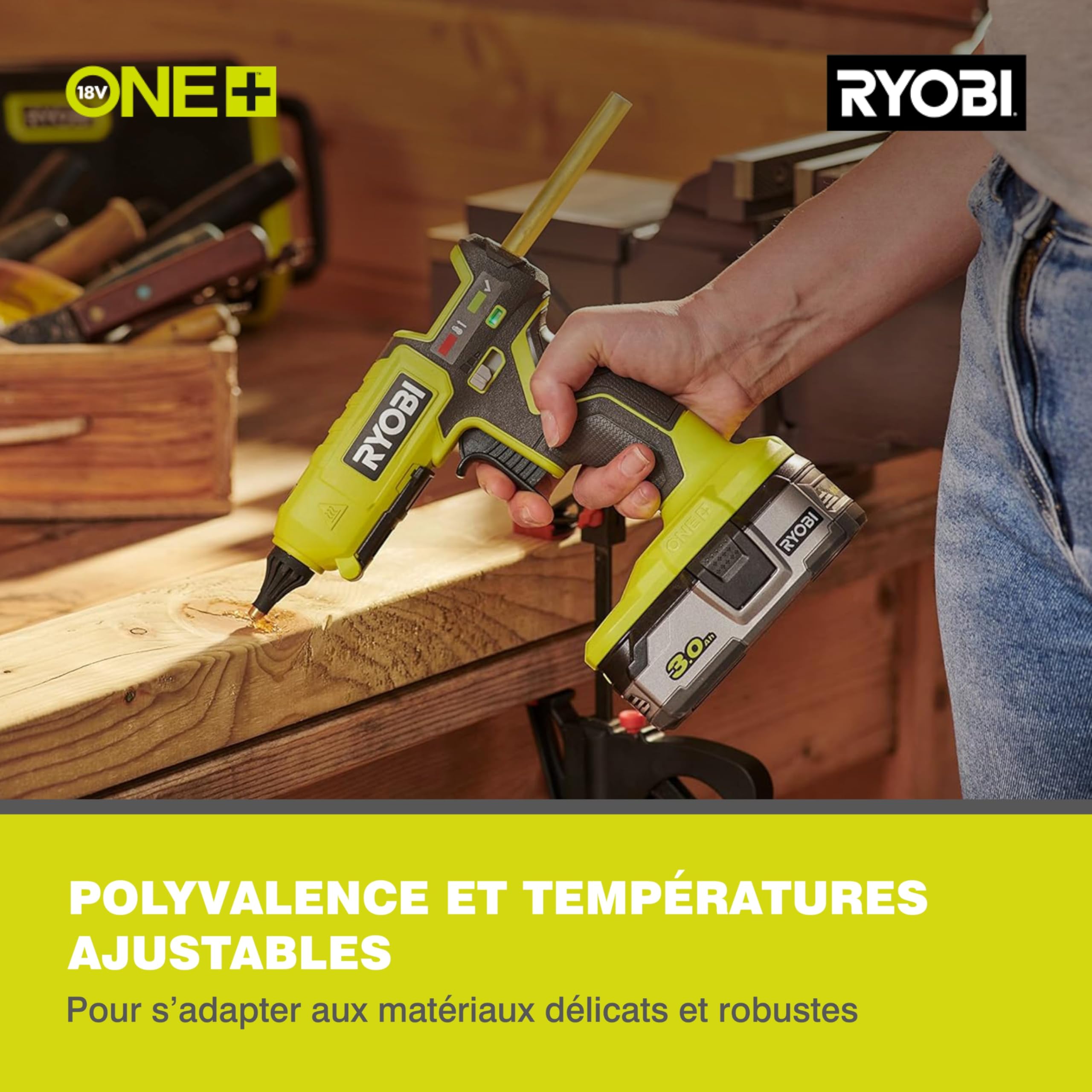 RYOBI - Pistolet à Colle Sans Fil 18V ONE+ RGL18-0 – Montée en Température Rapide (3min), Pour Colle Ø11 et 12mm, Colle Précise et Propre – Batterie Non Incluse