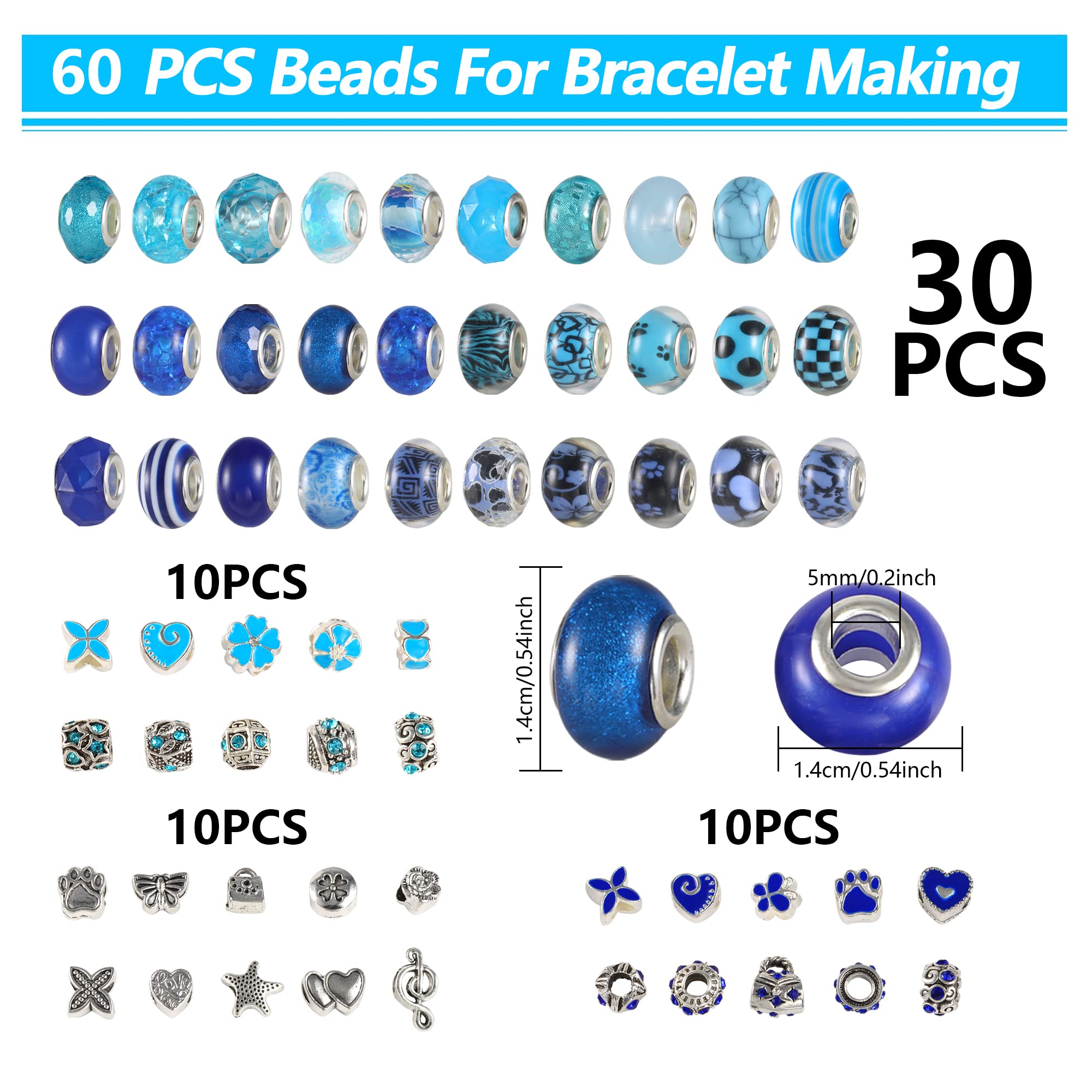 60 Perline Di Vetro Blu Per Braccialetti Fai Da Te - Set Creativo Per Gioielli E Accessori - Foto 5