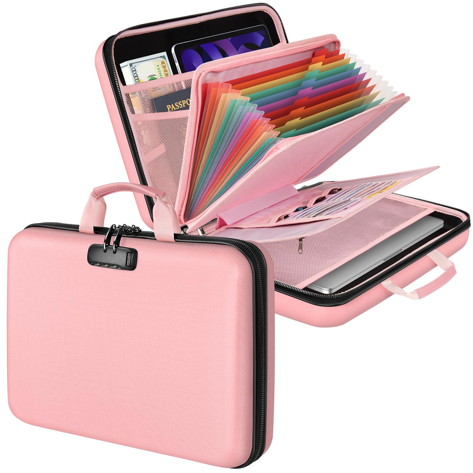 Chokoter Fireproof File Organizer with Lock, Hard-Shell Case Fireproof Document Box with 13 Pocket Accordion File Folders, Safe Document Organizer for Home Office Travel (Pink)