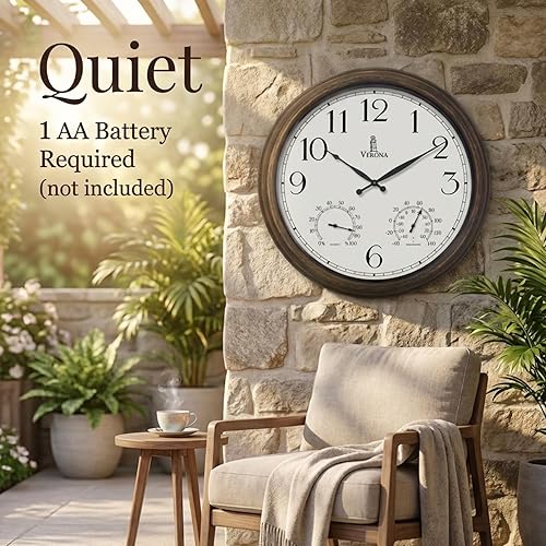 Miniatura 7 de Relojes para exteriores para patio, grande, impermeable, con termómetro, reloj de pared para interiores y exteriores de 24 pulgadas con combinación