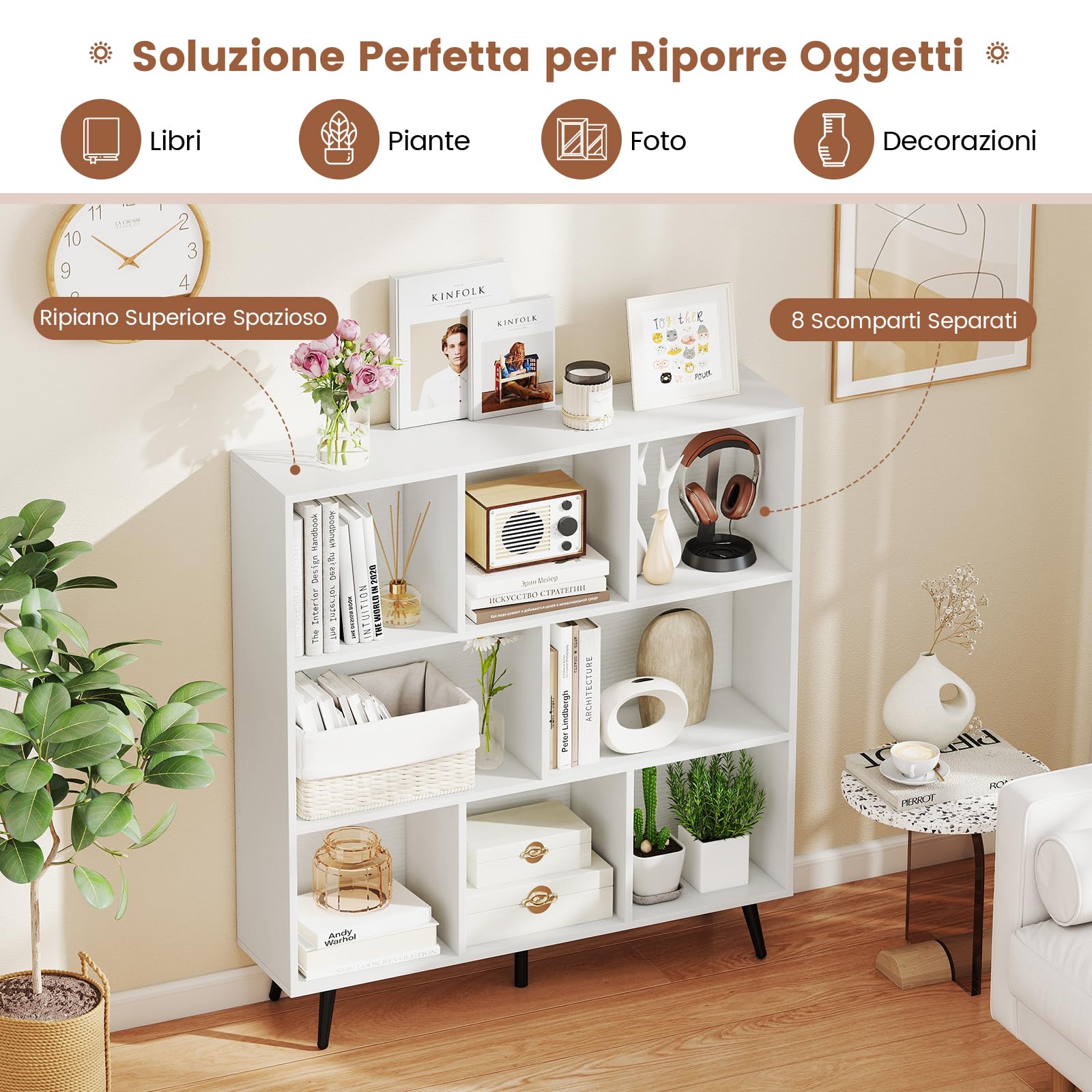 RELAX4LIFE Libreria Scaffale con 7/8/10 Scomparti, Design a Cubi, Libreria Moderno con 5 Gambe di Metallo, Mobile Salvaspazio Multiuso per Studio, Camera da Letto, Cucina, Ufficio (100cm)