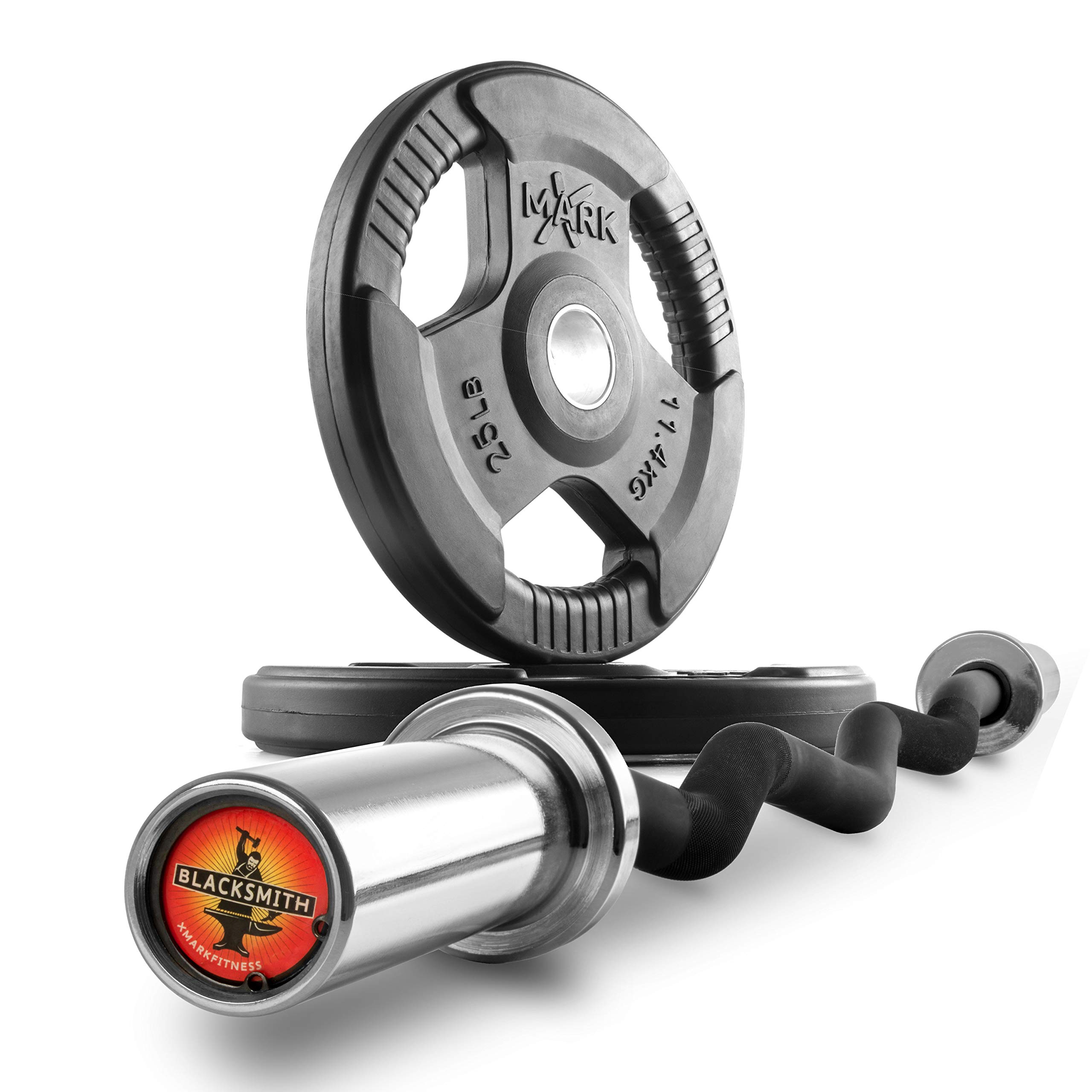 XMark Olympic Bar Curl Bar with Weights Offer, Olympic Weights 25 lb Pair of TRI-GRIP Olympic Weight Plates, Premium Quality, Rubber Coated XM-3377 with EZ Curl Bar, Black Manganese 28mm BLACKSMITH