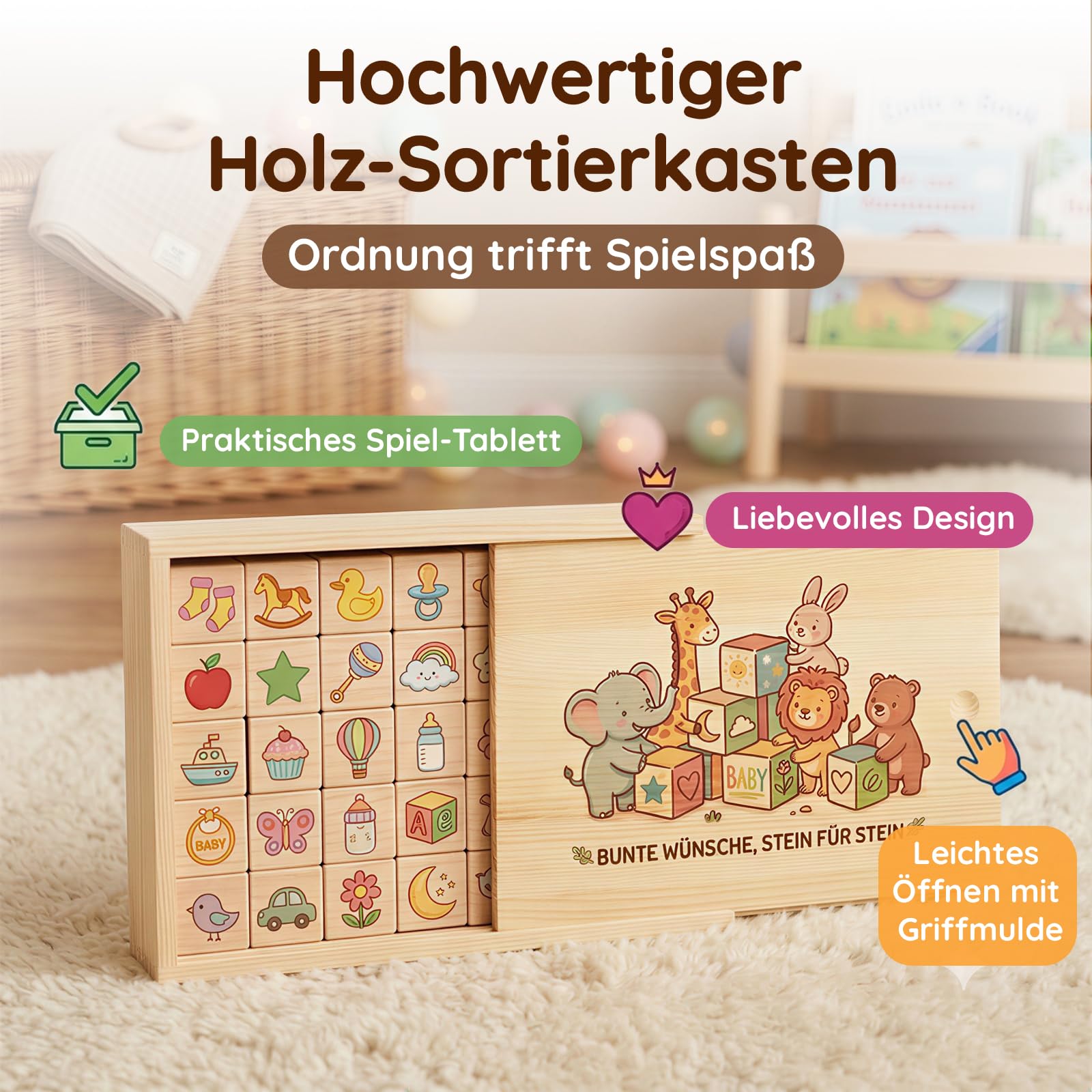 Babyparty Spiele DIY Buchen-Bausteine | 48 Holzbausteine, 24 Acrylmarker, 1 Holzbox, 105 Schablonen, 1 Poster & Halter (Naturholz | verschiedene Sonderformen)