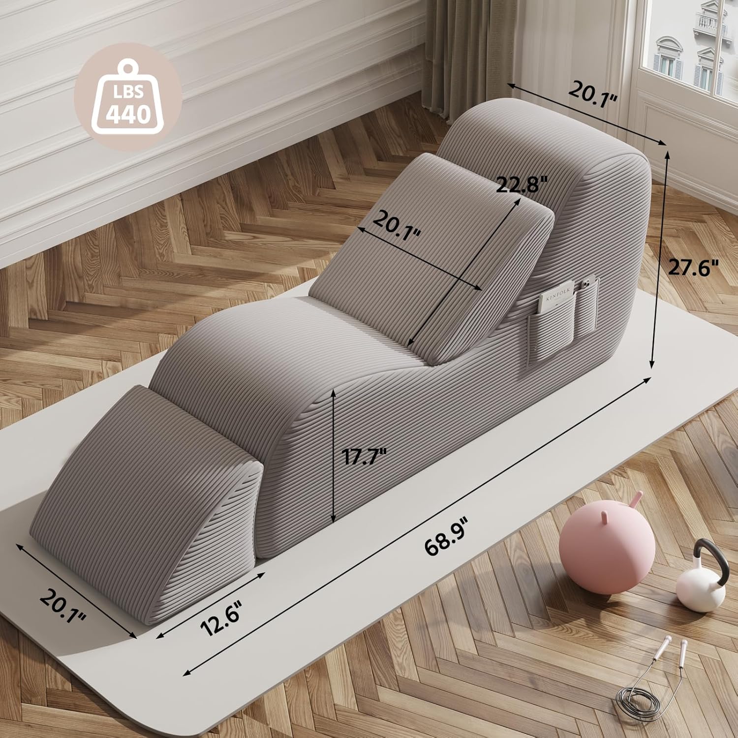 Yoga Chair, Lounge Chair for Yoga with Side Pocket&Lumbar Pillow&Ottoman, for Stretching, Relaxation