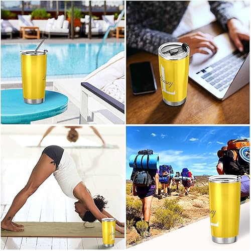 Miniatura 7 de Vaso aislado amarillo con tapa y pajita, acero inoxidable, doble pared al vacío, taza de viaje, taza de agua y café, vaso de 20 onzas para mantener
