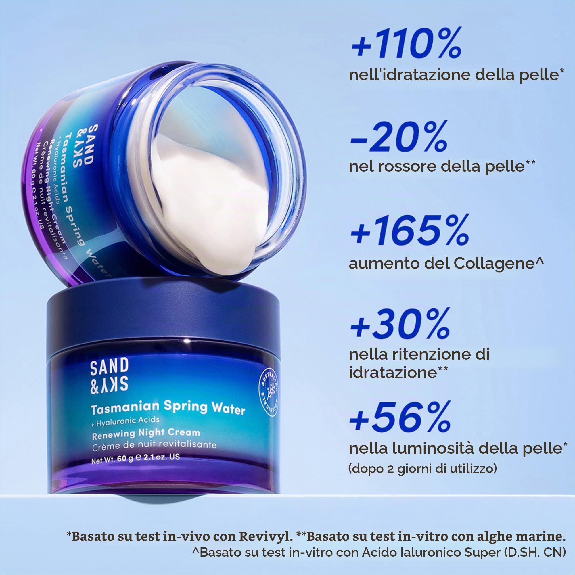 Crema notte rigenerante Tasmanian Spring Water Sand & Sky - Crema notte idratante per il viso per un’idratazione profonda, il mantenimento dei livelli di idratazione e il rinnovamento cutaneo.