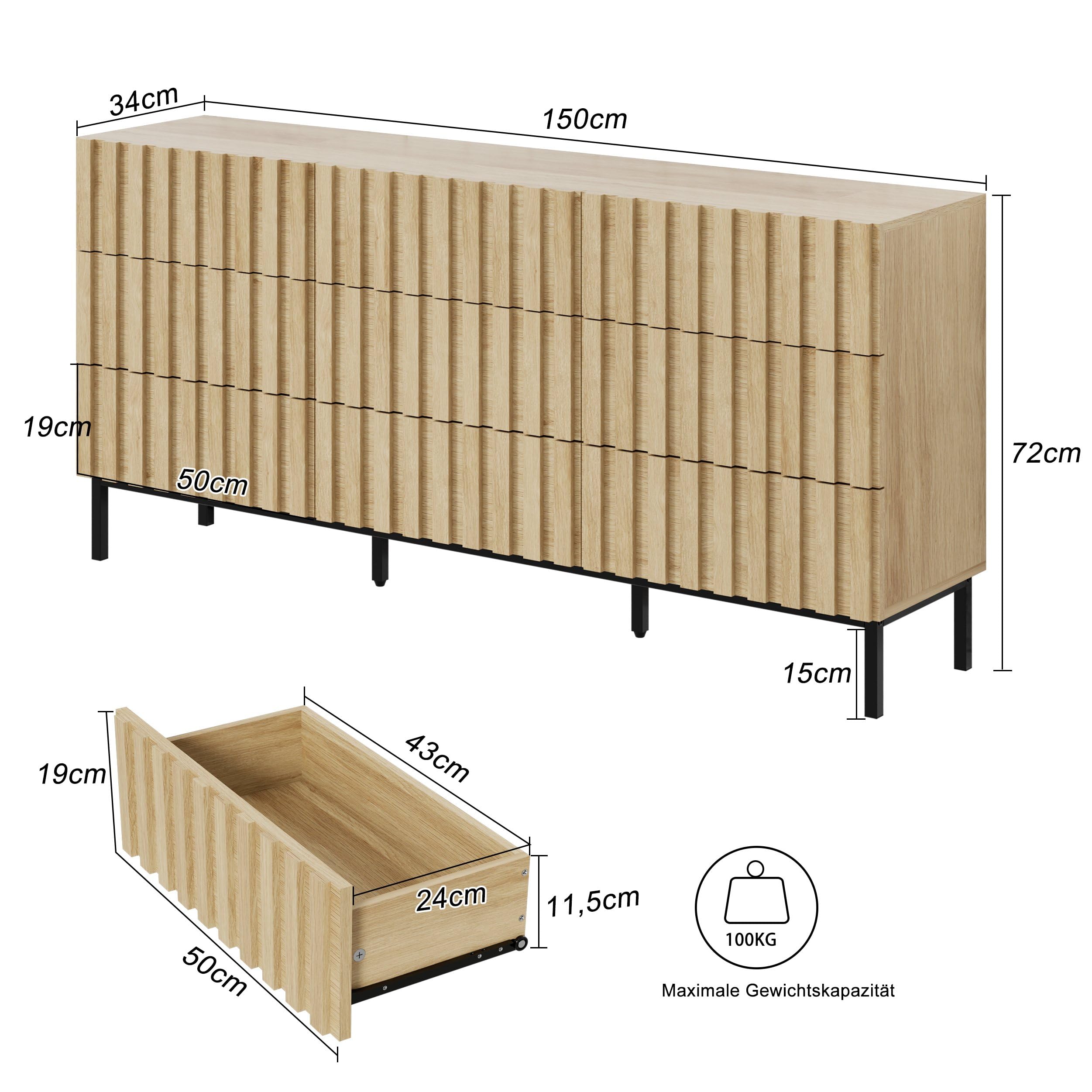 UEV Set mit 3 Schlafzimmermöbeln, 1 Kommode mit 9 Schubladen, 2 Nachttische, großer Stauraum, geräumige Decke, für Wohnzimmer, Schlafzimmer, Holzmuster, Metallbeine, Natur