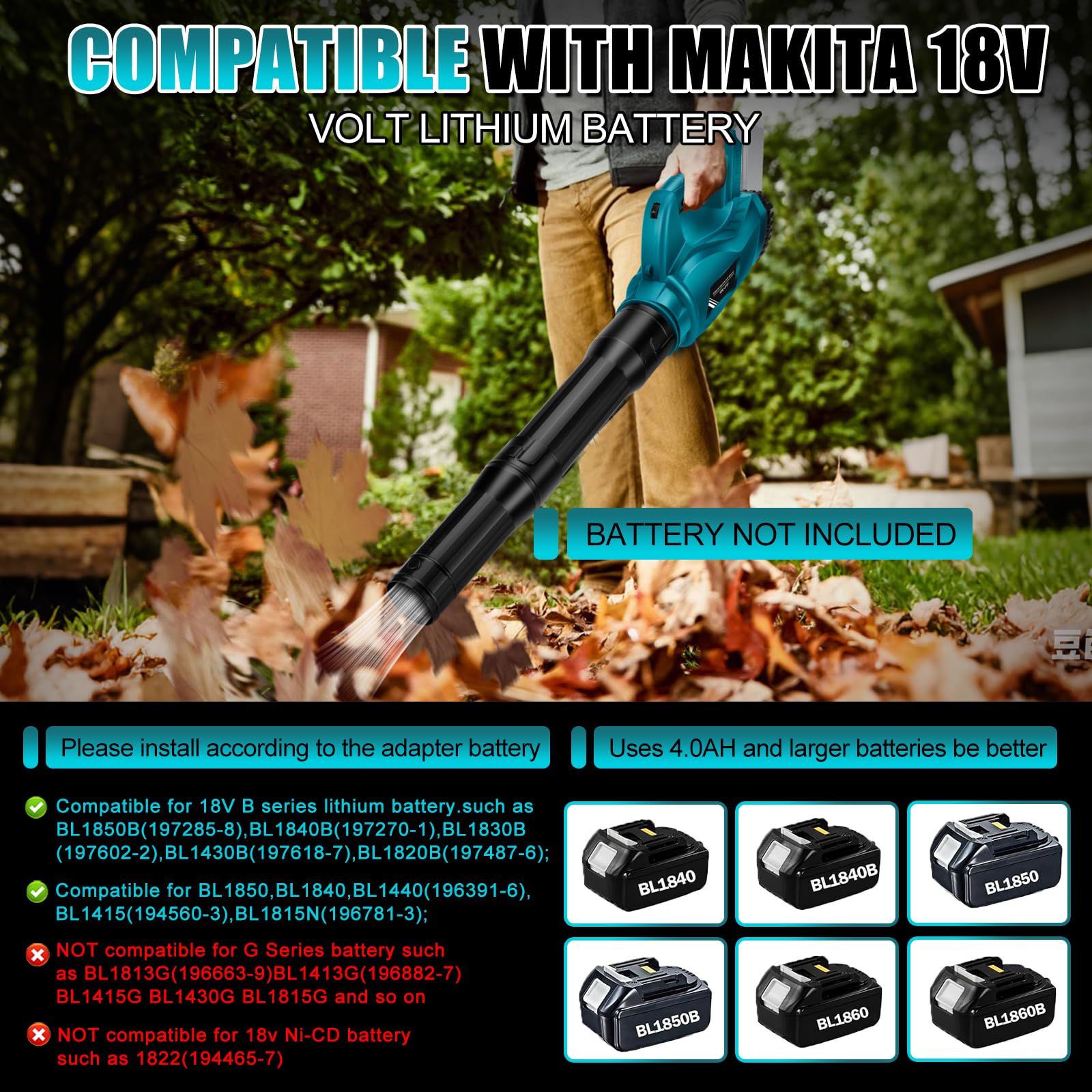 Soplador de Hojas Bateria Soplador de Aire Compatibles con Makita 18 V | sin batería 6 Velocidades Soplador de Hojas Eléctrico para Limpiar Hojas, Nieve, Terraza, Cubierta, Jardín, Polvo
