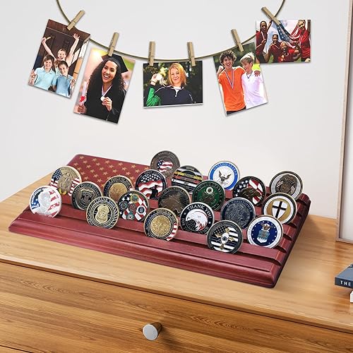 Miniatura 2 de LIUYALO Exhibición de monedas de desafío de 6 filas con bandera de Estados Unidos, soporte para monedas de desafío hecho de 100% madera maciza