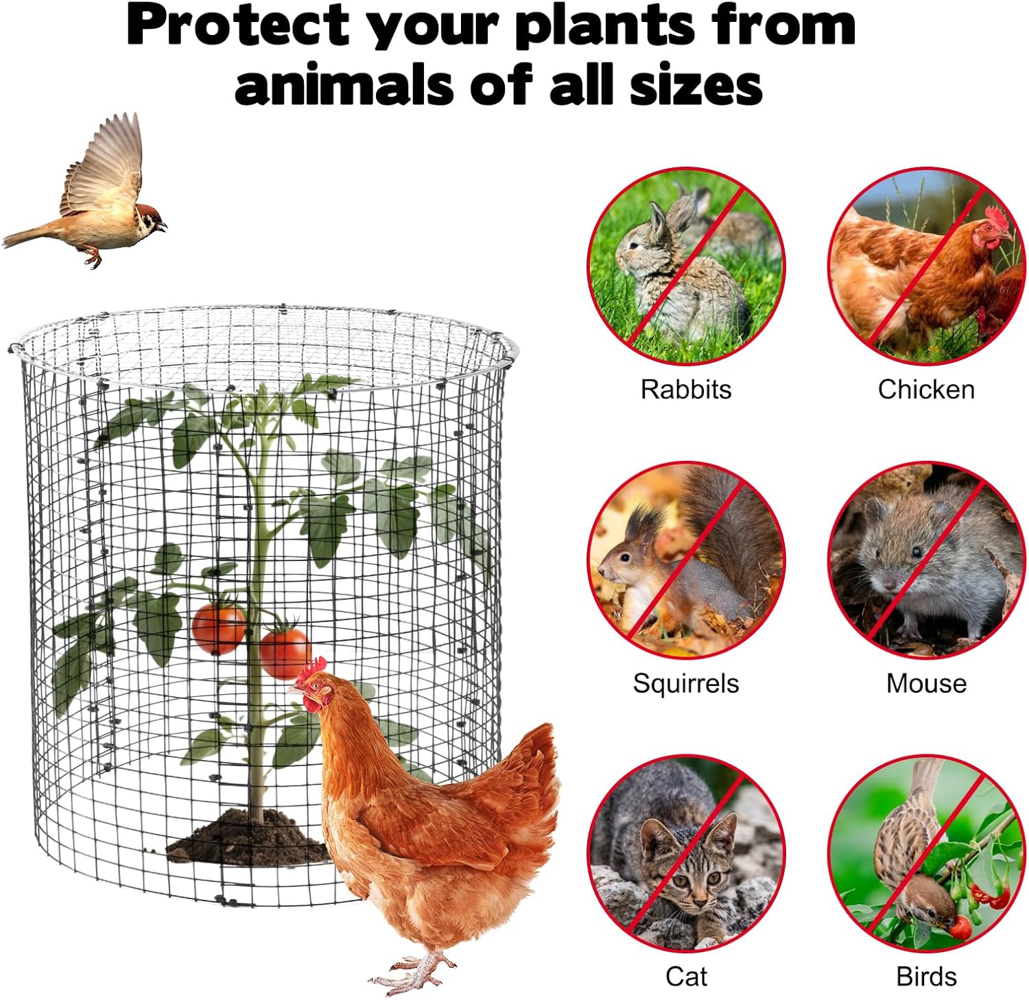 12 Sets of 16'' x 12'' Garden Plant Protectors from Animals With Detachable Covers ,36Pcs Metal Wire Protectors With Cover for Plants , Metal Plant Cage Chicken Wire Cloche with Stakes & Nylon Ties