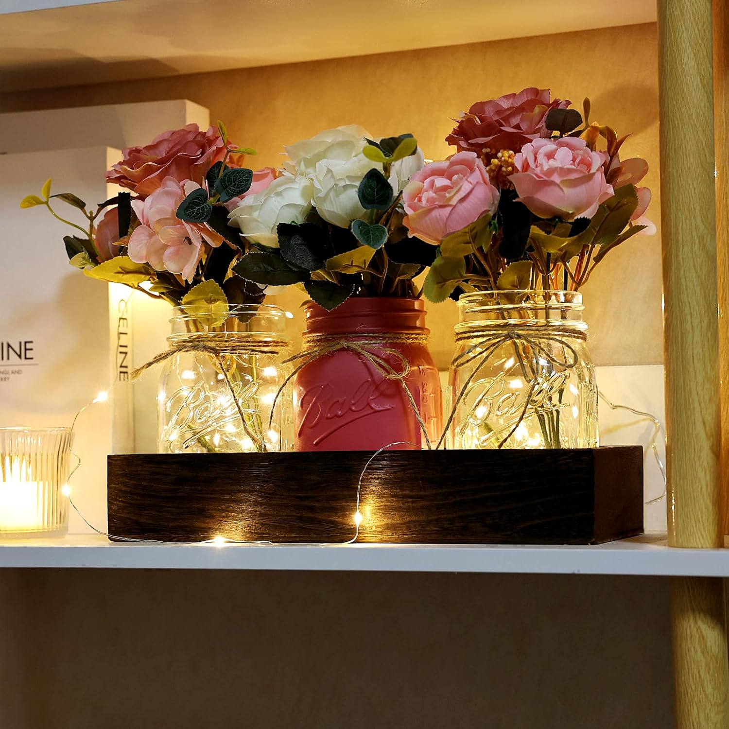 Valentine's Day Mason Jar Centerpiece Table Decor for Dining Room Farmhouse Coffee Table Decor with Wood Tray Fairy Lights Fake Flowers for Kitchen Living Dining Room - Pink White, 11 inches - Image 5