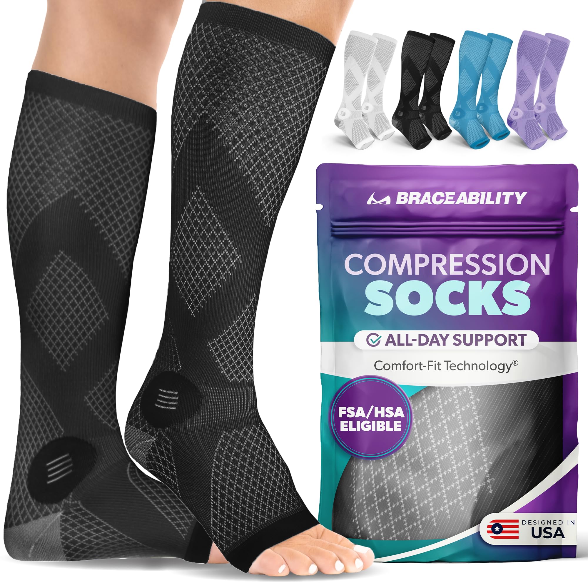 BraceAbility Compression Socks for Circulation - 20-30 mmHg Knee High Neuropathy Open Toe Stockings for Varicose Veins, Swelling, RLS, Medical Toeless