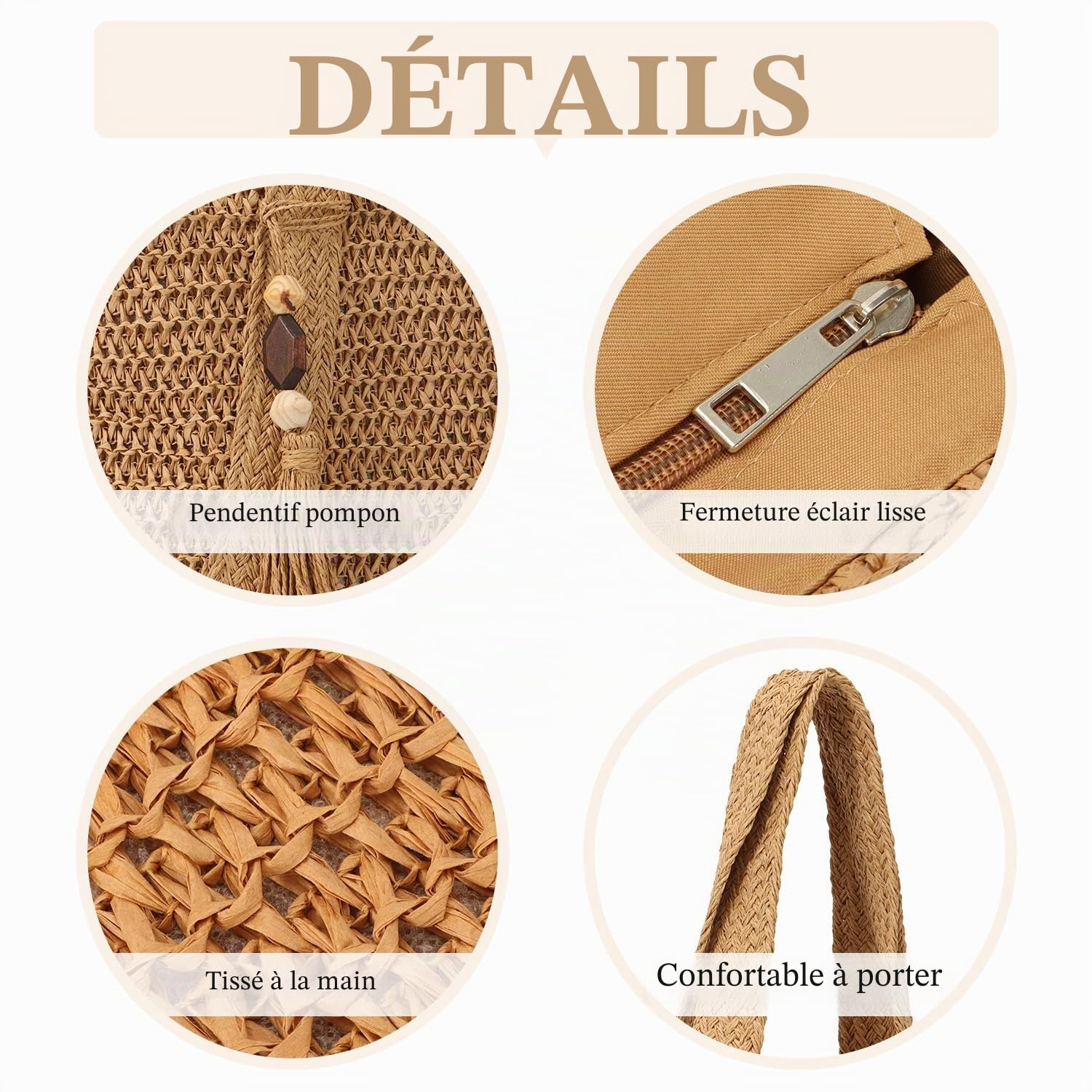 EVEOUT Sac à bandoulière en paille pour Femmes Filles Sac à main d'été en paille Cabas Sac de plage tissé pour vacances voyages(Marron clair 02)