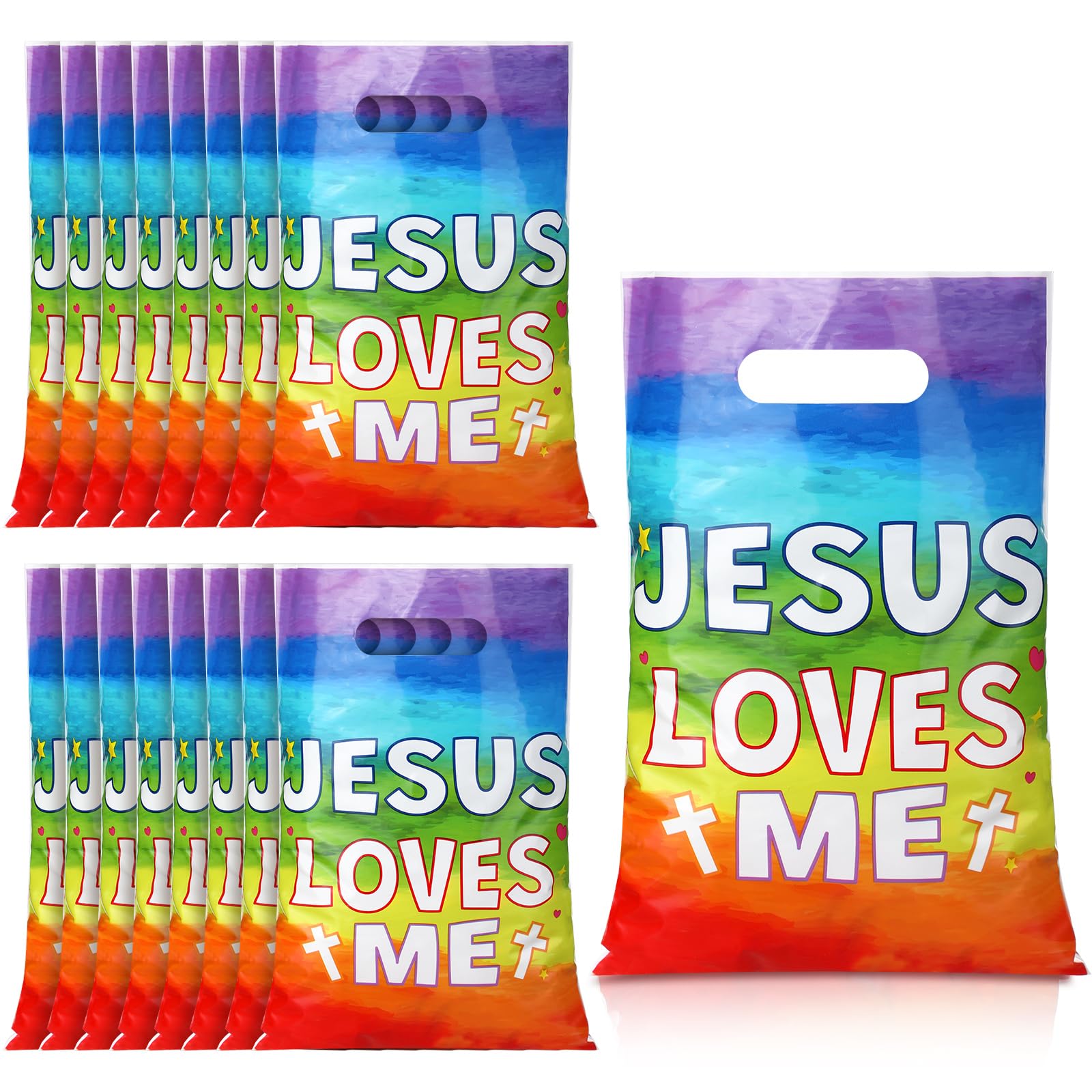Hosuly 100 Pieces Jesus Loves Me Gift Bags Bulk Religious VBS Plastic Treat Bags with Handles Christian Cross Goodies Candy Gifts for VBS Sunday School Church Holiday Party Favor Supplies 100 Jesus Loves Me