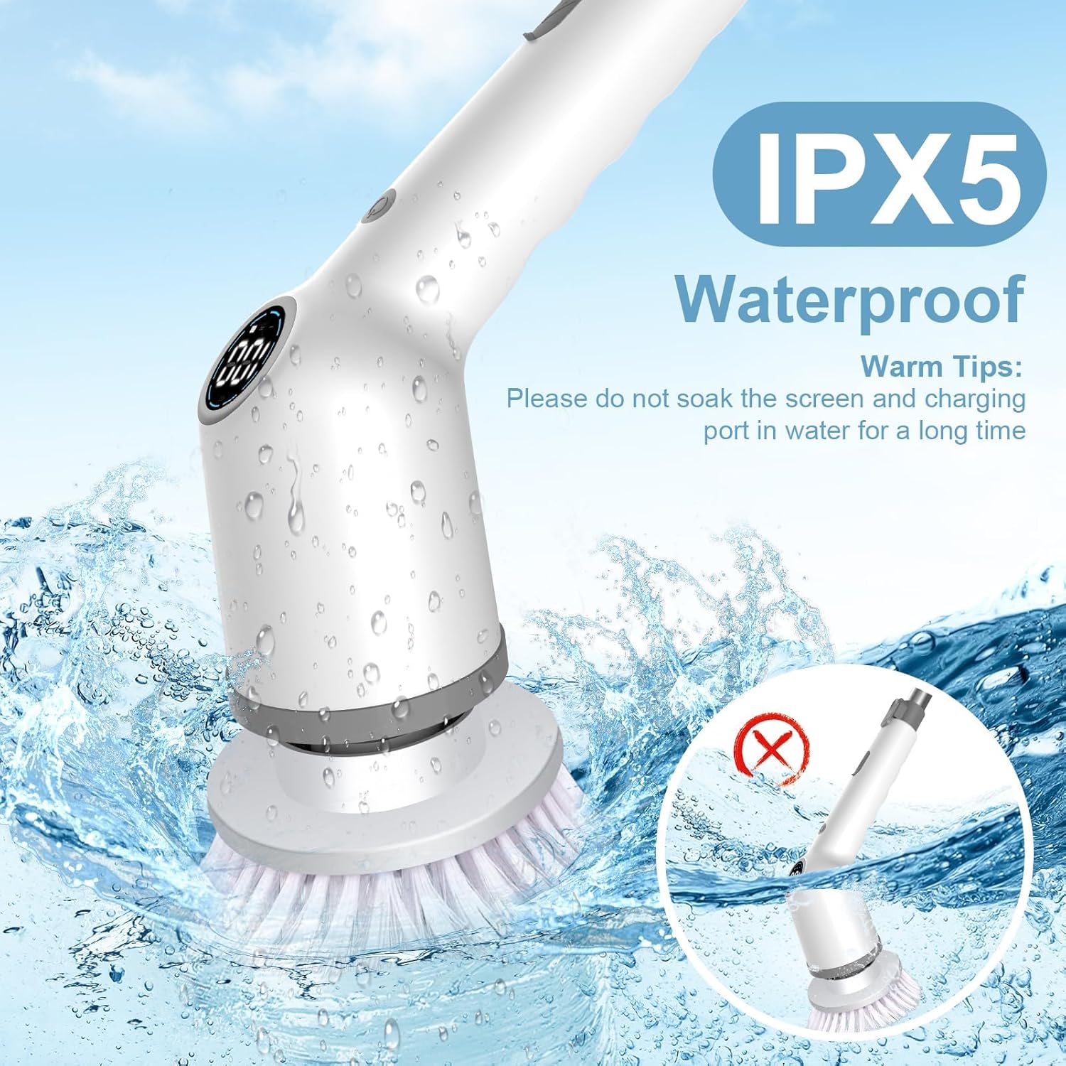 Electric Cleaning Brush, Cordless Electric Spin Scrubber with Long Handle, 3 Brushes, 5 Cleaning Pads, Portable Charging Base