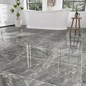10-Pack 10 Sq.Ft Peel and Stick Floor Tiles Vinyl Glossy Pattern Flooring, 12” x 12” Self Adhesive Vinyl Flooring DIY for Kitchen, Bathroom, Laundry, Polish Dark Grey Marble