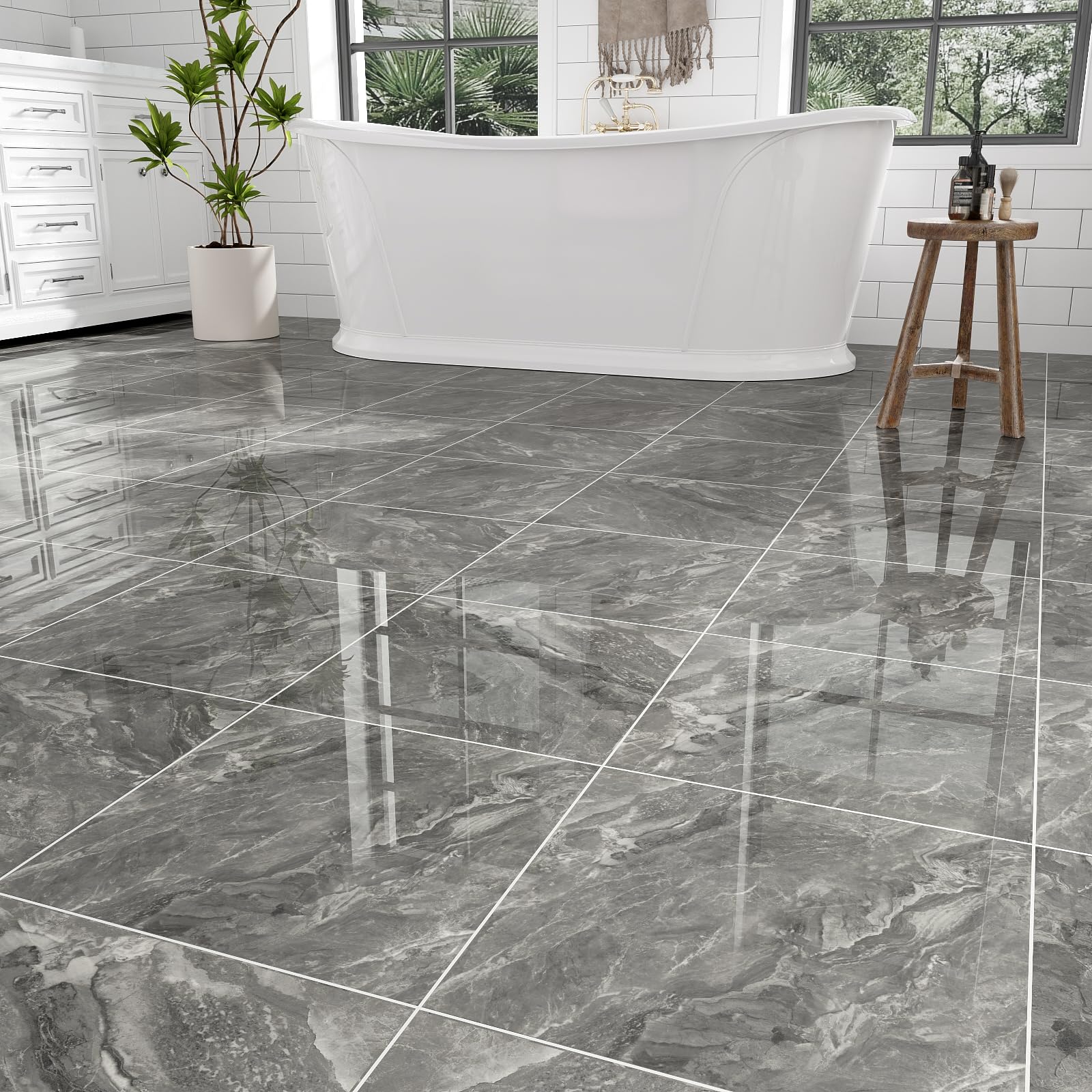 10-Pack 10 Sq.Ft Peel and Stick Floor Tiles Vinyl Glossy Pattern Flooring, 12” x 12” Self Adhesive Vinyl Flooring DIY for Kitchen, Bathroom, Laundry, Polish Dark Grey Marble