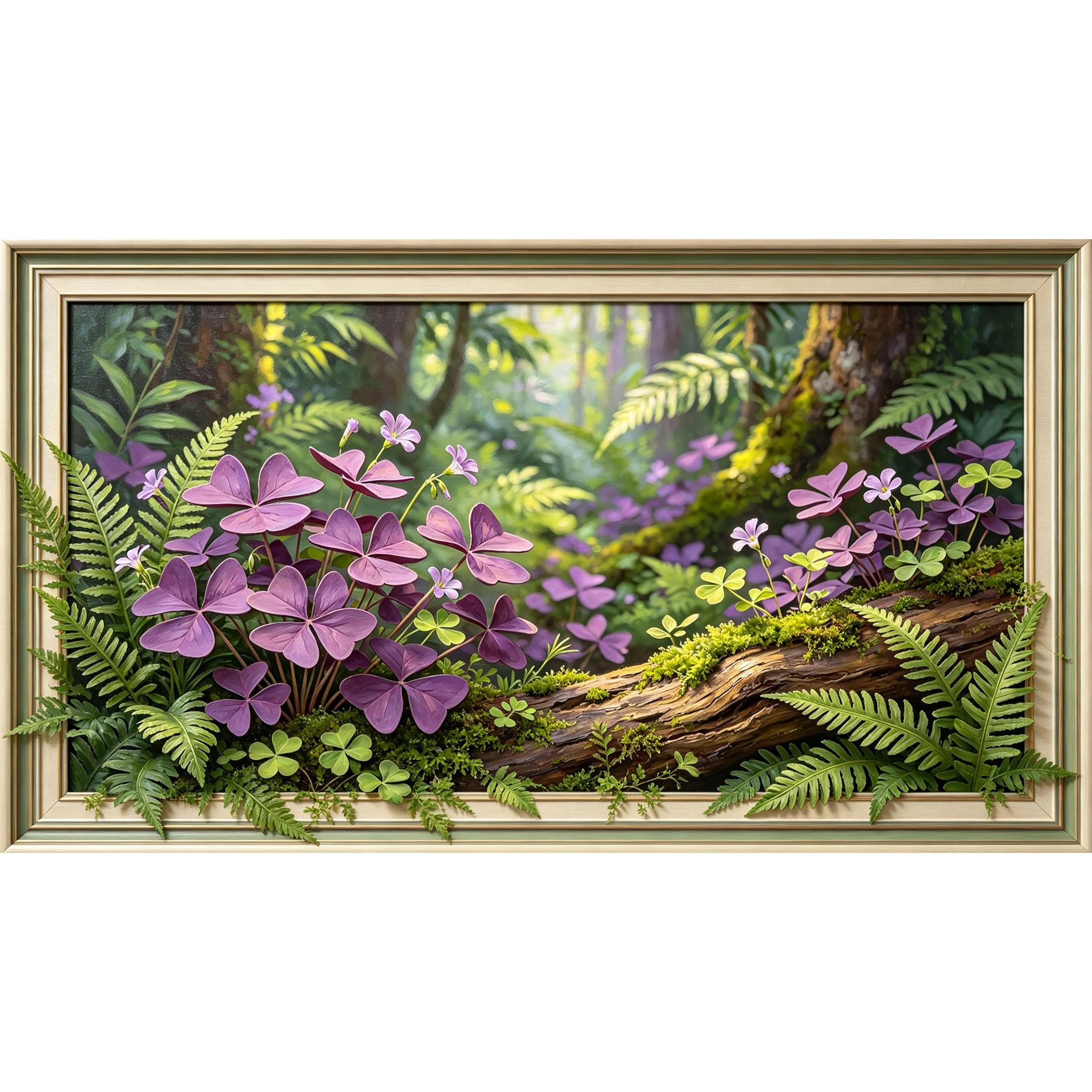 QZLITHOTIC 50x90cm3D Framed Wall Art， Botanical Forest Ferns and Purple Clover Self‑Adhesive Mural， Water‑Activated Peel & Stick Fabric Decor Wall Decal for Bedroom Living Room