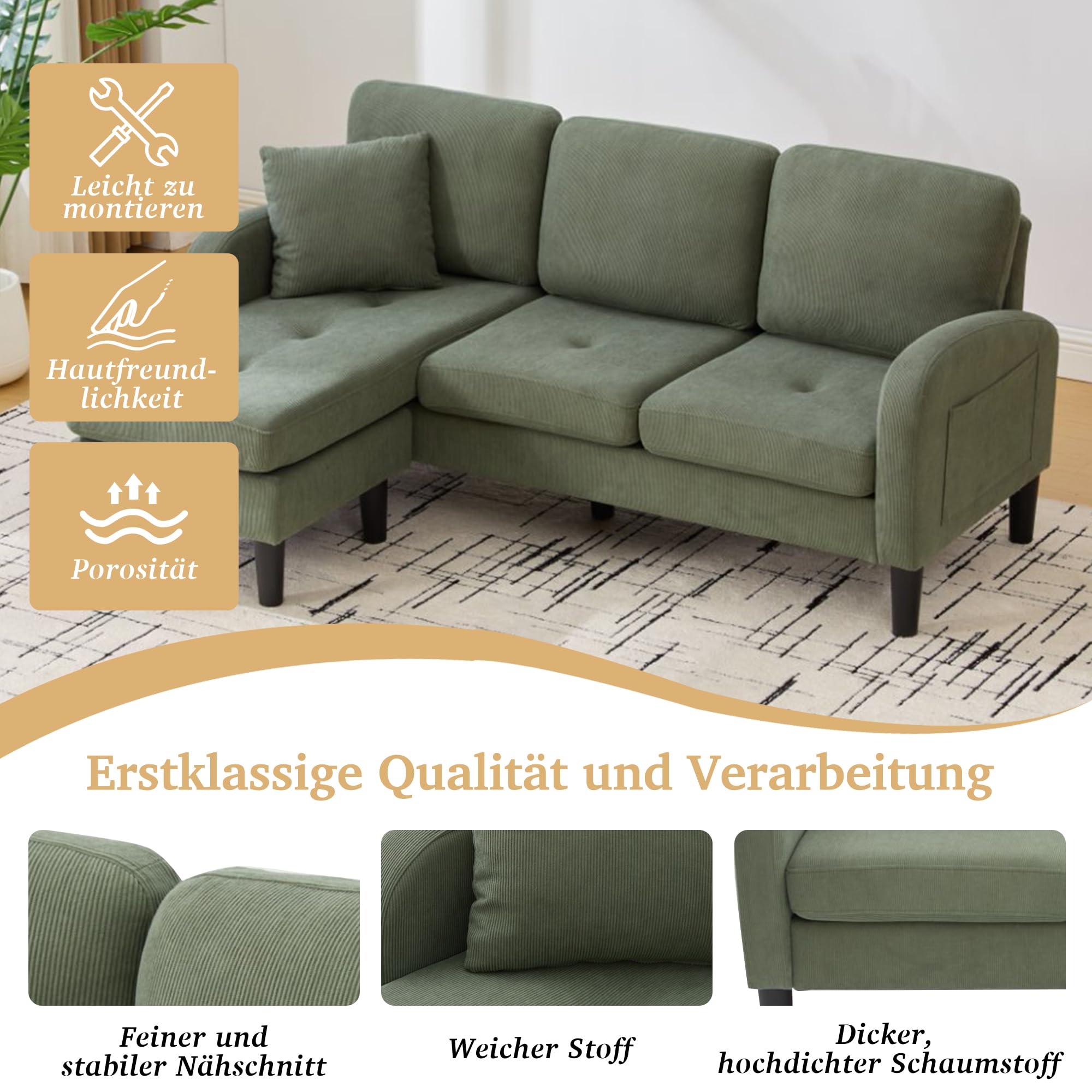 Merax L-förmiges Ecksofa 166x118x77 cm, 3-Sitzer Sofa mit Chaiselongue, Modulares Wohnzimmer-Sofa aus atmungsaktivem Cordstoff, Komfortables Apartment- und Bürosofa, Grün