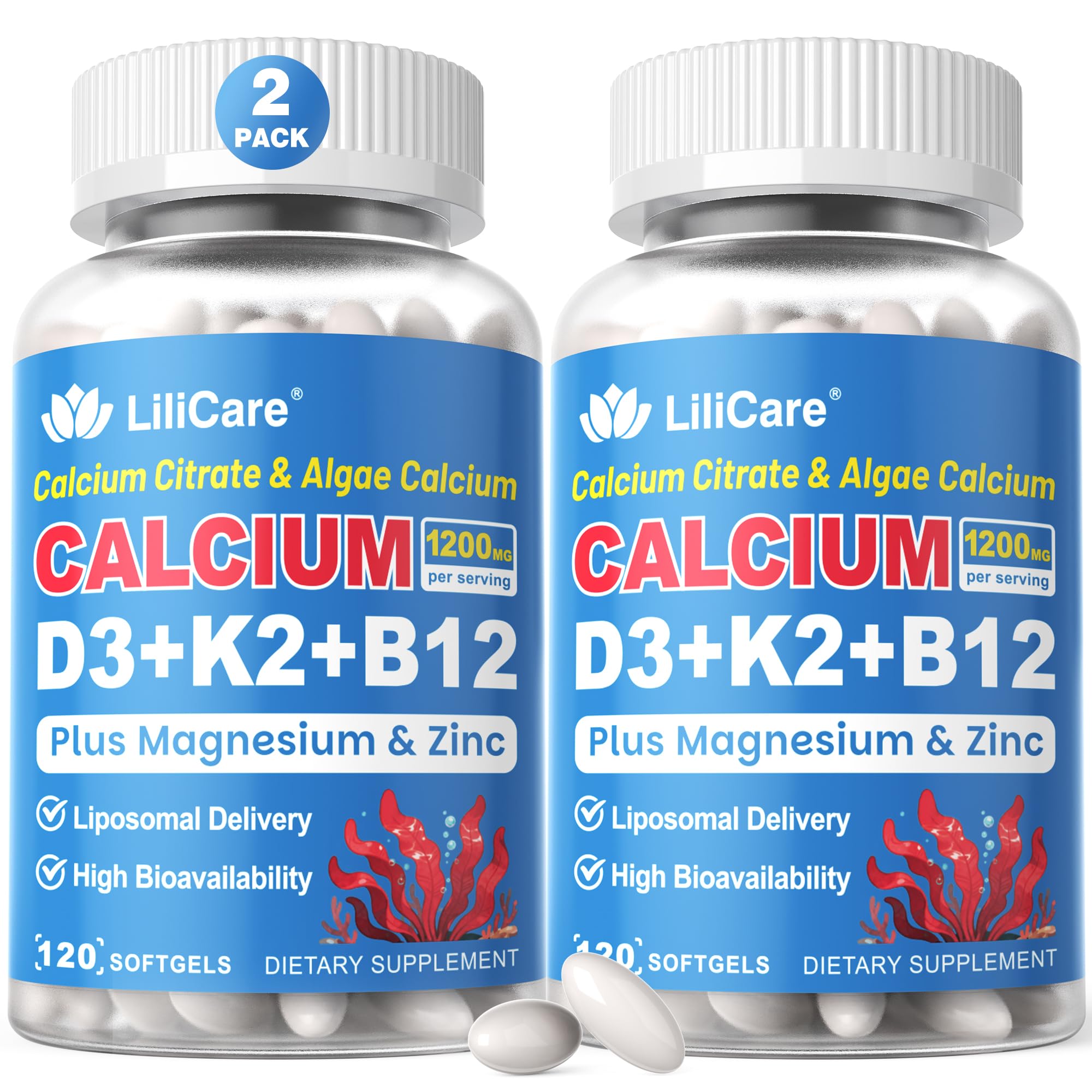 Calcium 1200 mg + Vitamin D3 K2 5000 IU Softgels Supplement for Women Men - 120 Count (Pack of 2)