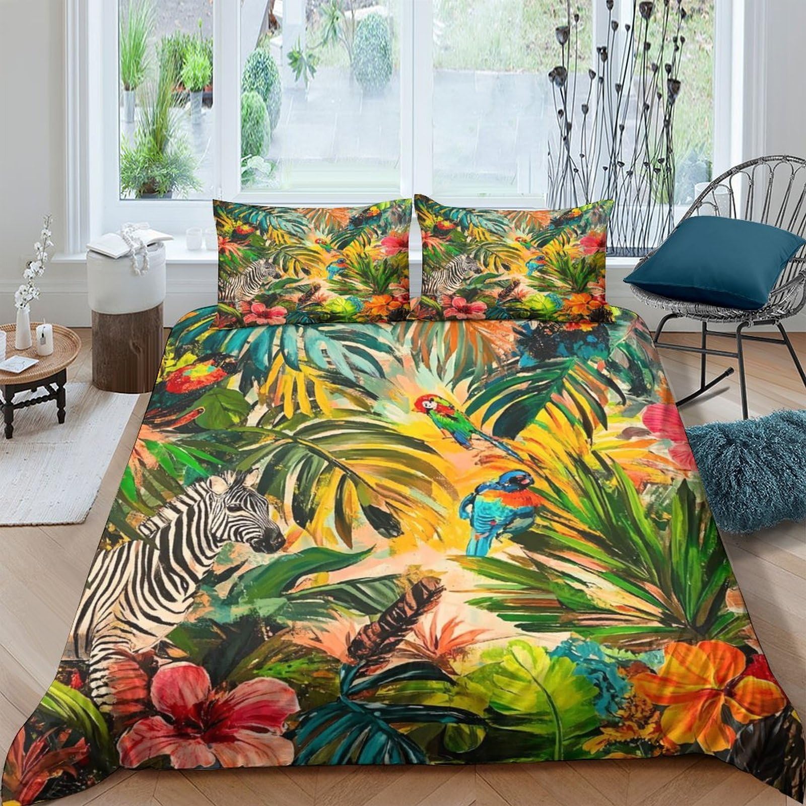 Ctjqhvkz Style-4 3D Printed Tropical Jungle Parrot Fitted Sheet Microfiber Soft Floral Zebra Mattress Cover Bedroom Decor Single（135X200cm）
