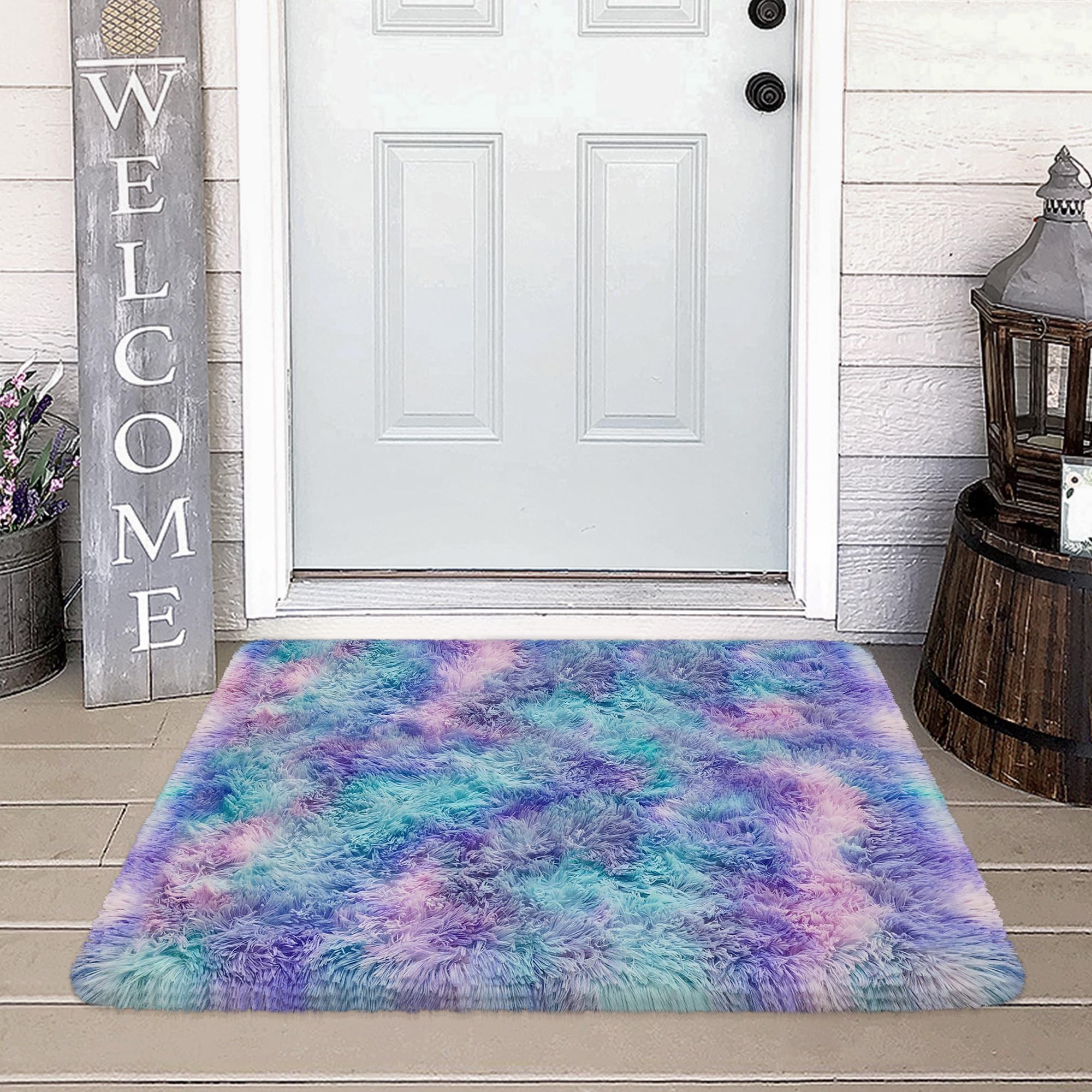 JiaoBaba Small Area Rug for Bedroom 2x3ft Mini Tie-Dye Purple Rainbow Fluffy Rug Mat Bedside Throw Rug for Kids Room Boys Teens Nursery Baby Dorm