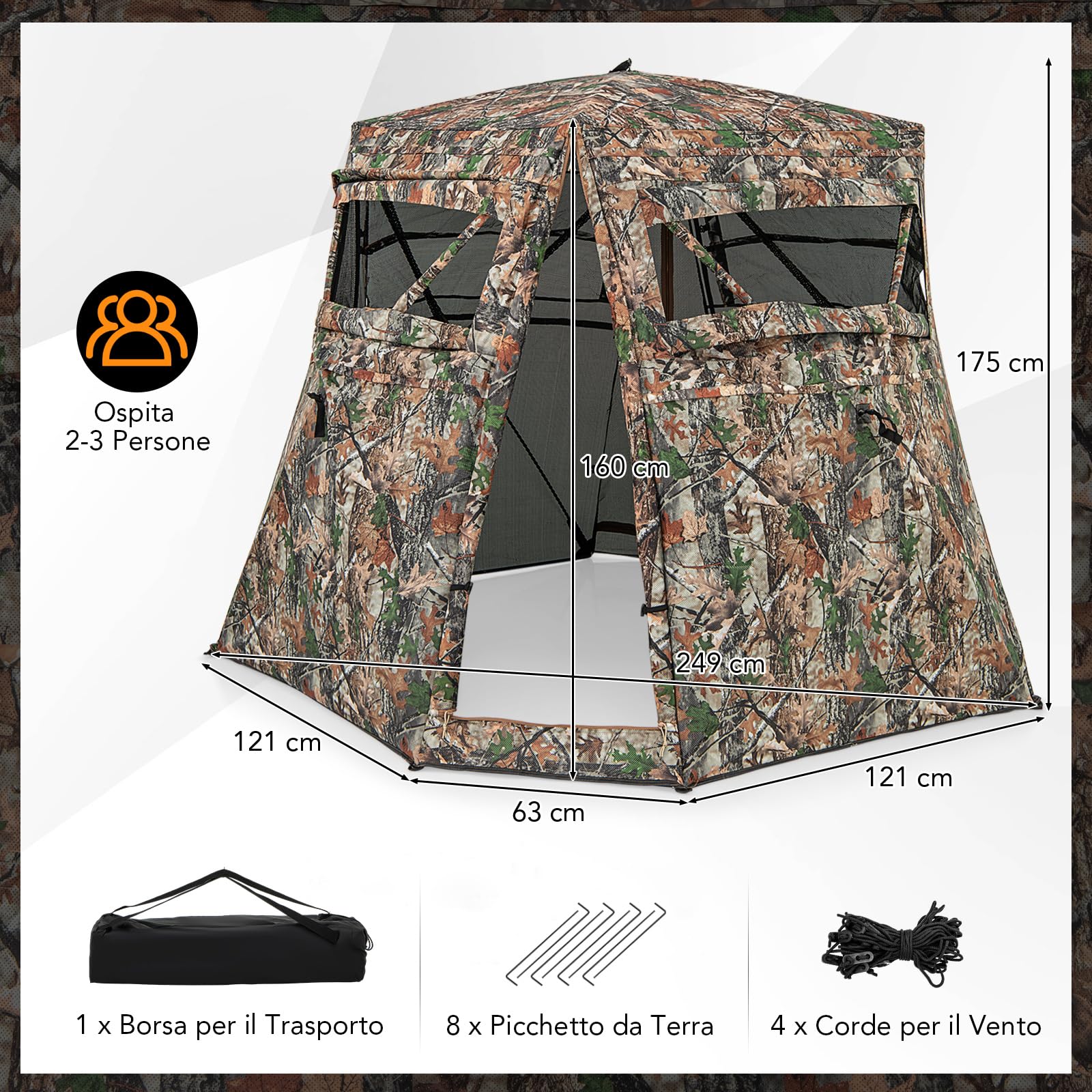 COSTWAY Tenda Mimetica per Caccia, 2-3 Persone, Visione a 360°, Camouflage, 249 x 211 x 175 cm