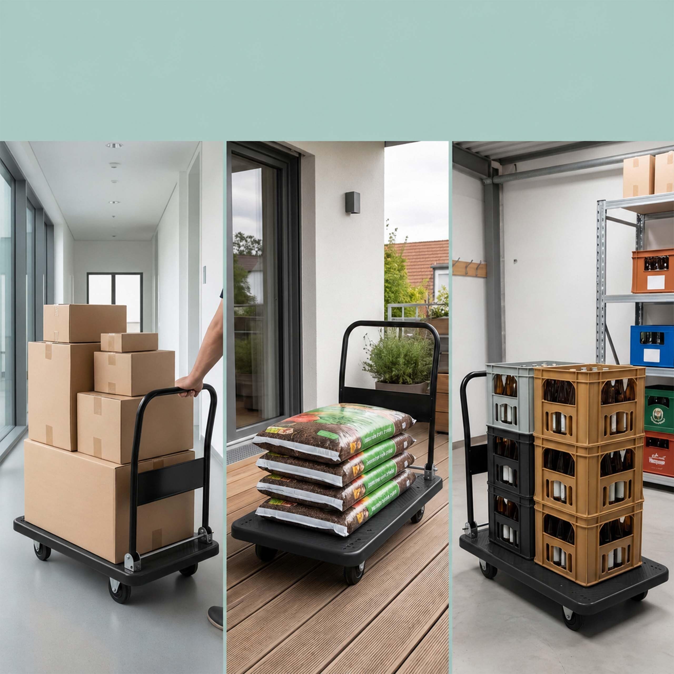 Relaxdays Carro de transporte hasta 300 kg, plegable, plataforma XL, negro | Asa, 2 ruedas giratorias