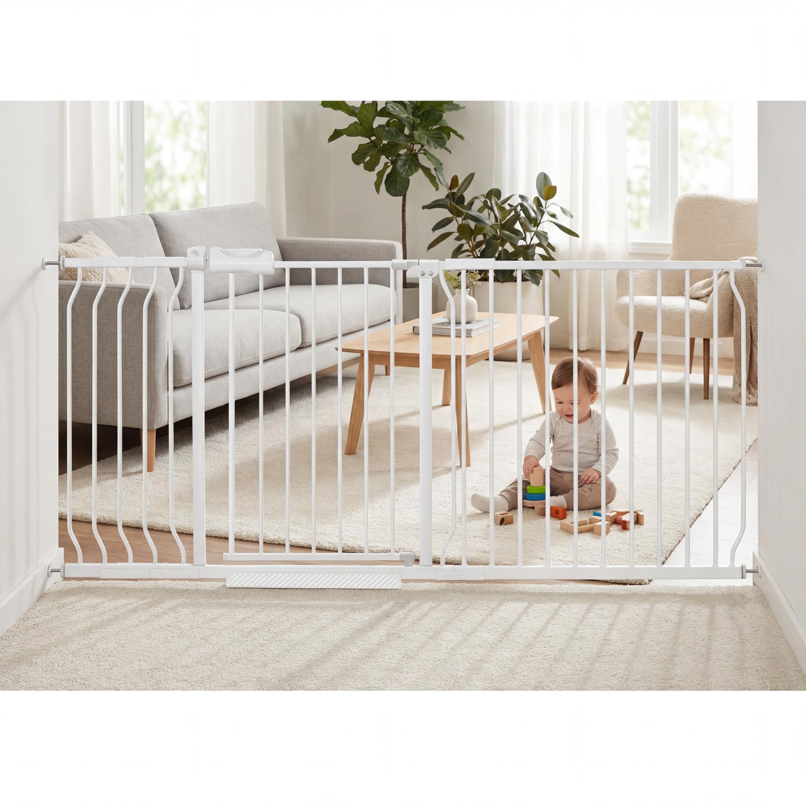 COSEND Extra Wide Baby Gate Tension Indoor Safety Gates White Metal Large Pressure Mounted Pet Gate Walk Through Long Safety Dog Gate for The House