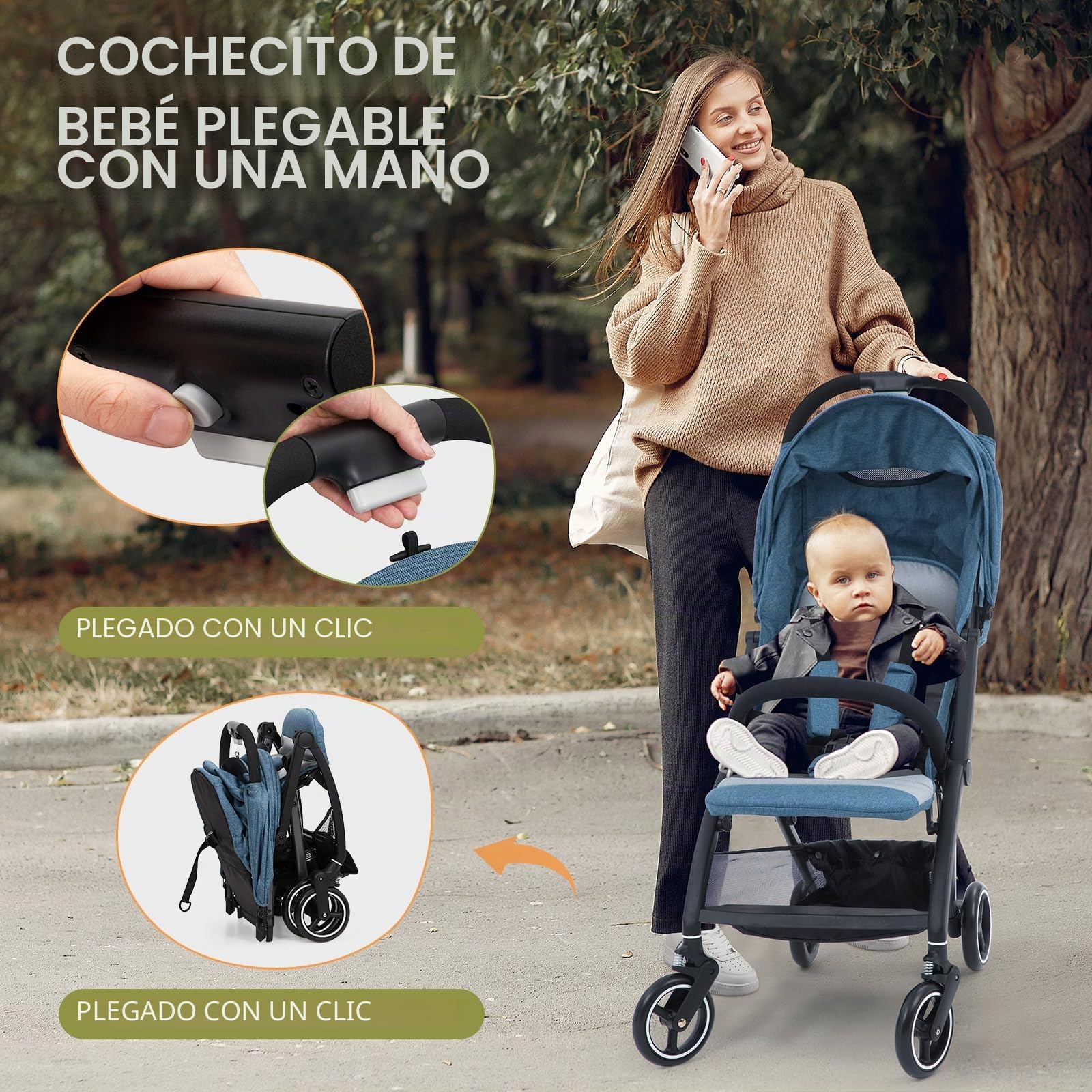 GarveeHome Cochecito de bebé plegable - Respaldo regulable hasta 175° - Ruedas EVA con amortiguación - Hasta 22 kg - Arnés de 5 puntos - Cesta de almacenaje grande - baby stroller para todo terreno