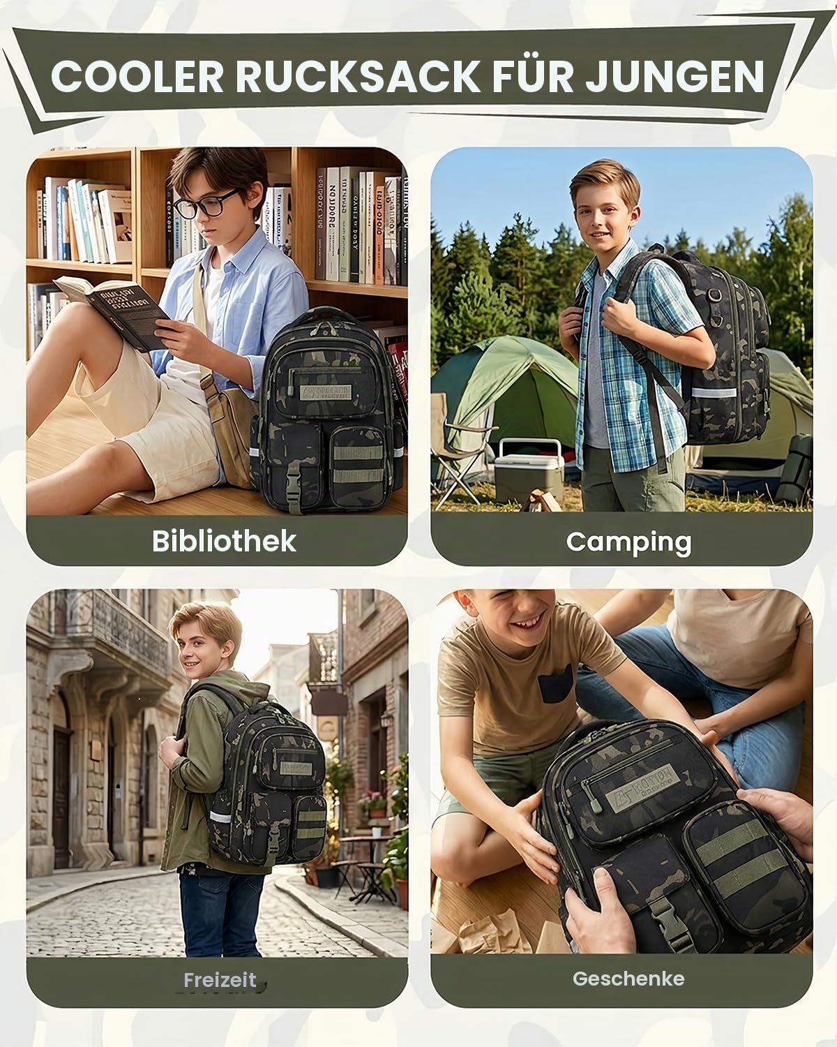 Tanou Schulrucksack Jungen 2-5. Klasse, Ergonomischer Schulranzen | Kinder Rucksack für Grundschule, 20 Liter Wasserabweisend Schultasche für Junge 8-12 Jahre, Camouflage-Schwarz