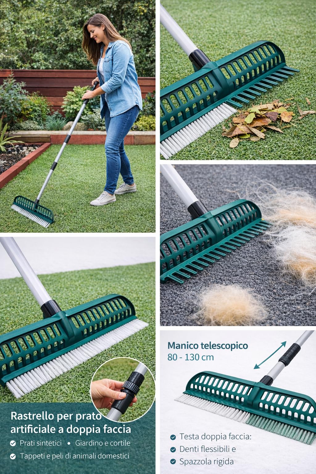 Scopa Rastrello Prato Sintetico a Doppia Faccia Spazzola Pulizia Erba Artificiale Setole in Poliammide Larghezza 45cm per Pulizia Giardino, Tappeti e Peli Animali
