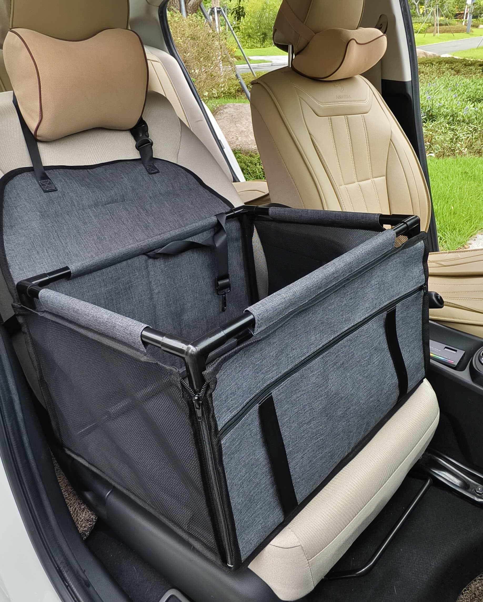 GoBuyer Waterproof Pet Dog Car Seat Booster Carrier Box and Basket with Seat Belt Harness Restraint for Puppy Cat Travel (Grey, Standard 40x40cm) — view 10